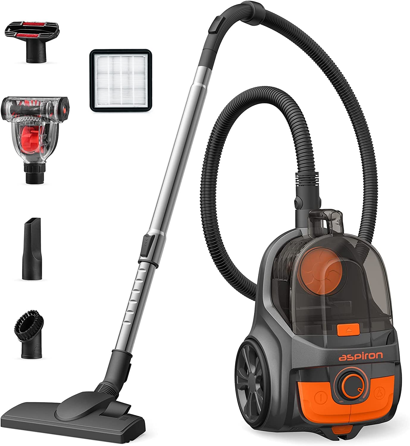 Aspiron Upgraded 1200W Bagless Canister Vacuum Cleaner, Auto Cord Rewind, H13 HEPA Filter, 3.7Qt Large Capacity, 5 Tools for Hard Floors, Carpet, Pet, Upholstery, Tiles, Car, Orange