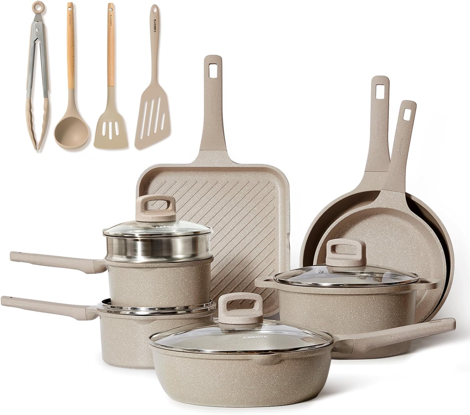 CAROTE Pots and Pans Set Non Stick, 16Pcs Kitchen Cookware Set, Stackable Induction Cookware, Pot and Pan set, Pans for Cooking, Taupe Granite，Pots and Pans Set Non Stick,