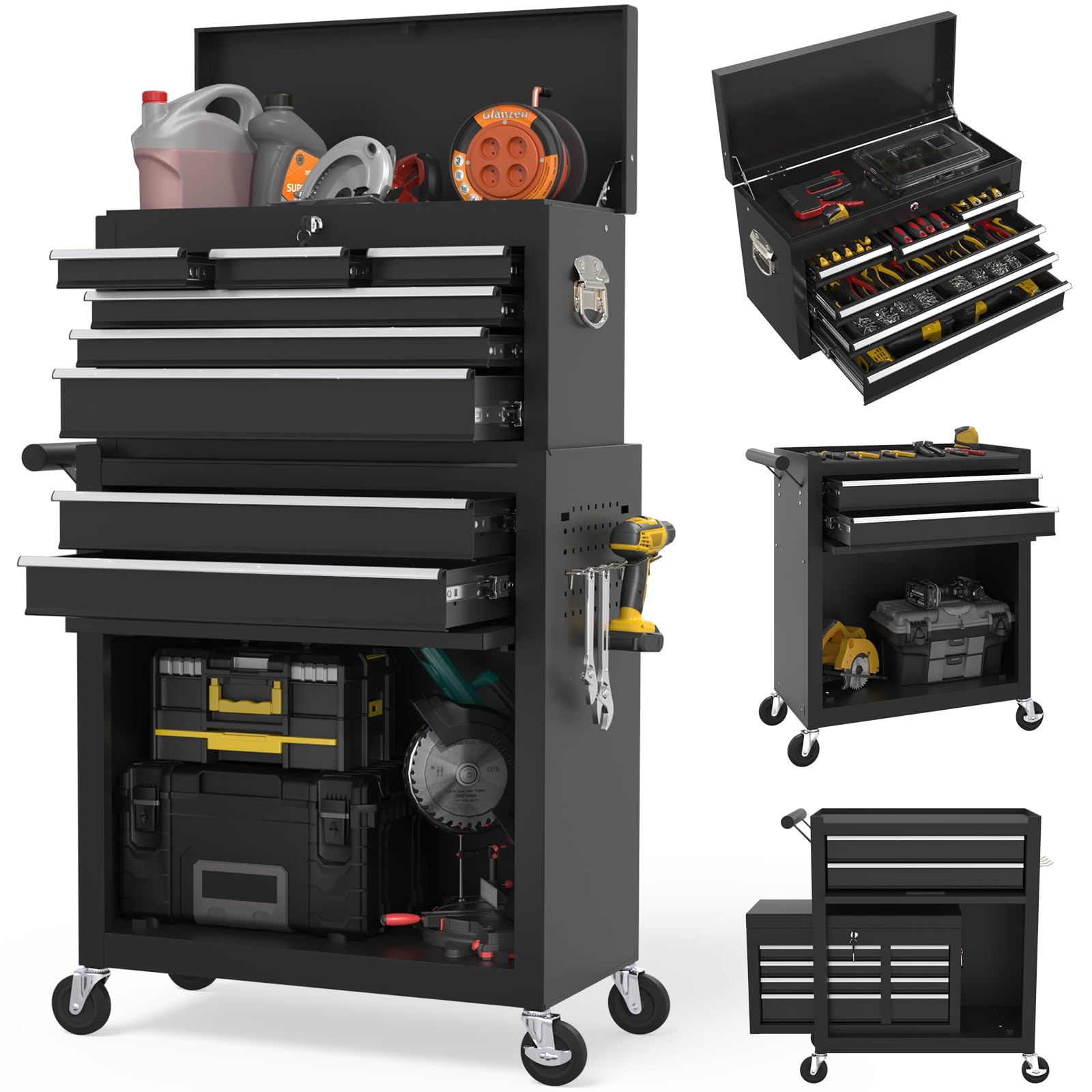 Wanmwill Tool Chest, 8-Drawer Rolling Tool Storage Cabinet with 2 in 1 Detachable Top Tool Box, Liner, Lockable Wheels, Side Hooks, Locking Mechanism, Metal Tool Cart for Garage (Black)