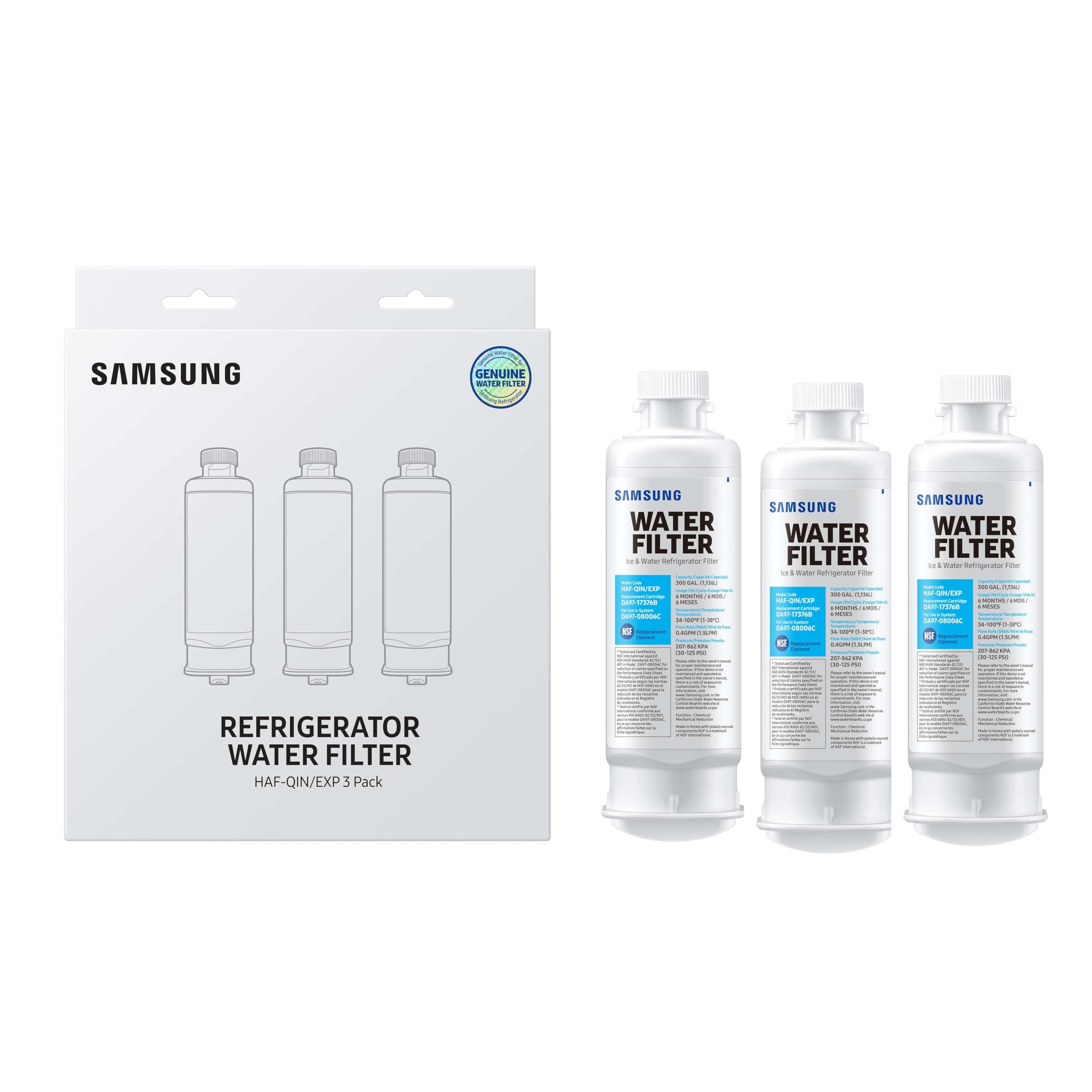 SAMSUNG Genuine Filters for Refrigerator Water and Ice, Carbon Block Filtration for Clean, Clear Drinking Water, HAF-QIN-3P, (Pack of 3)