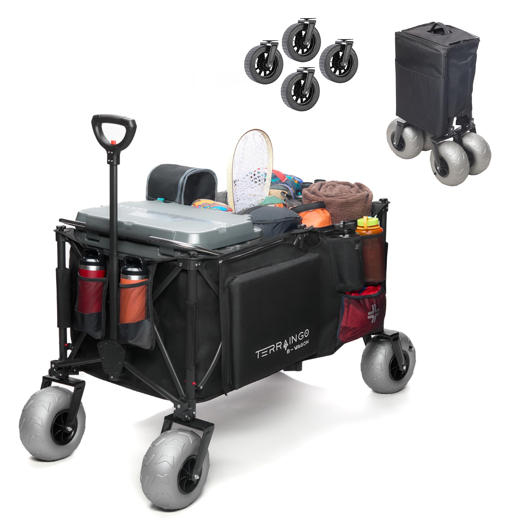 310L Extra/Large Foldable Wagon Cart, 47” 550LB Inlfatable Beach & All-Terrain Wheels, Utility Cart for Garden, Fishing, Groceries, Sports – Built-in Cooler Pouch, Storage Pockets & Cupholders