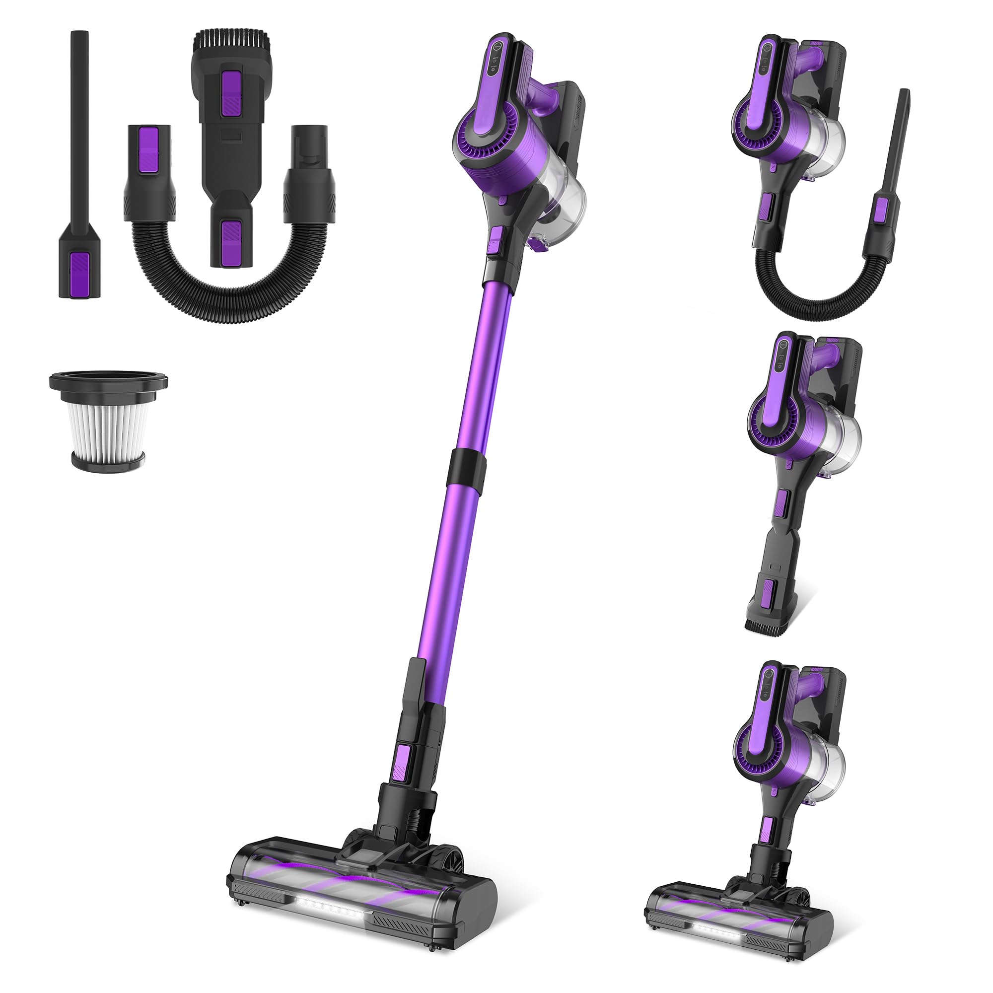Cordless Vacuum Cleaner, 45Kpa 550W Powerful Stick Vacuum, 8 in 1 Self-Standing Rechargeable Battery Up to 60min Runtime, Lightweight Cordless Vacuum for Pet Hair Hard Floor Carpet Home-Purple