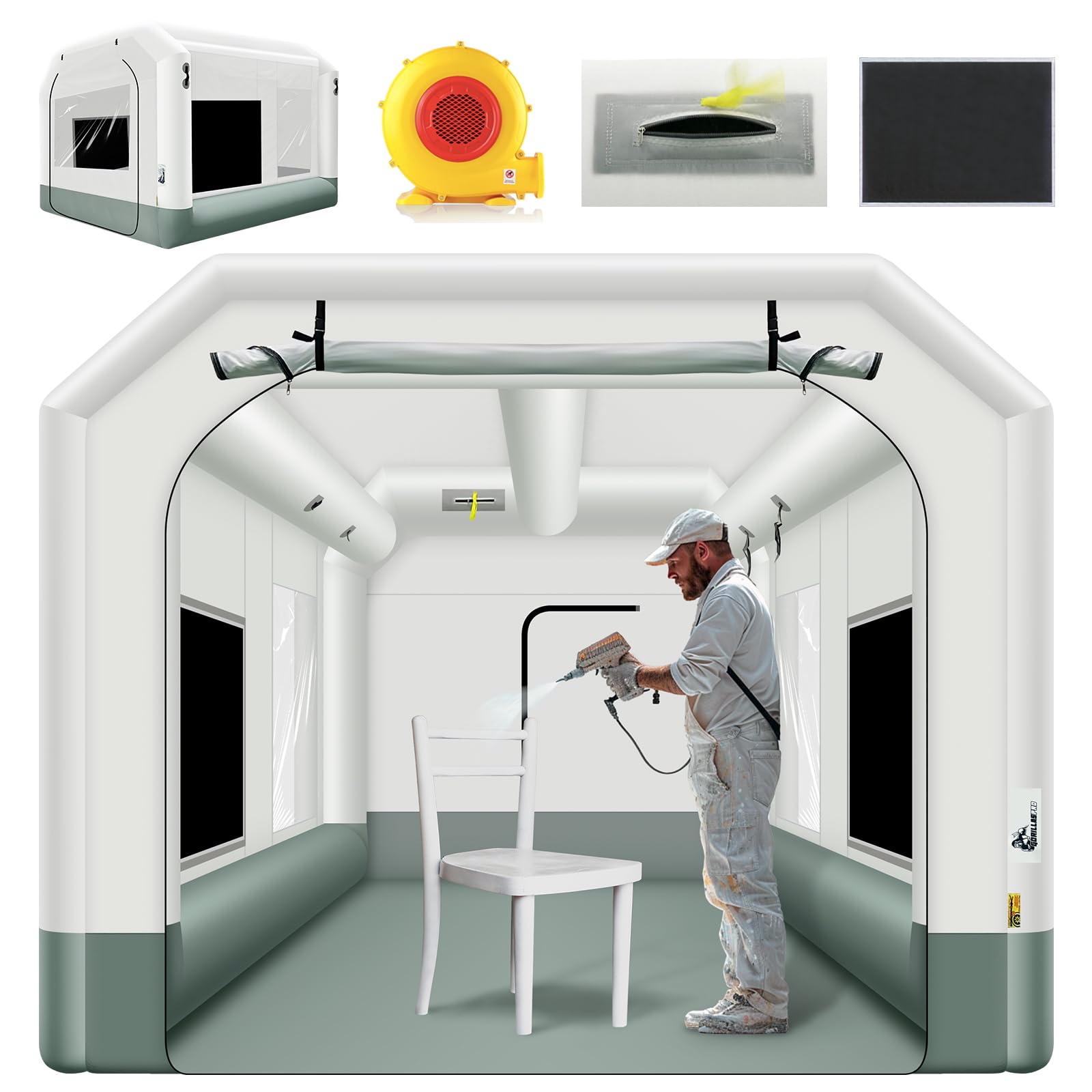 GORILLASPRO 13x10x8Ft Inflatable Paint Booth Tent with 550W Blower, Spray Tent with Air Filter System, Used for DIY Painting Car Truck Motorcycle Garage Furniture Parts Paint Renovation