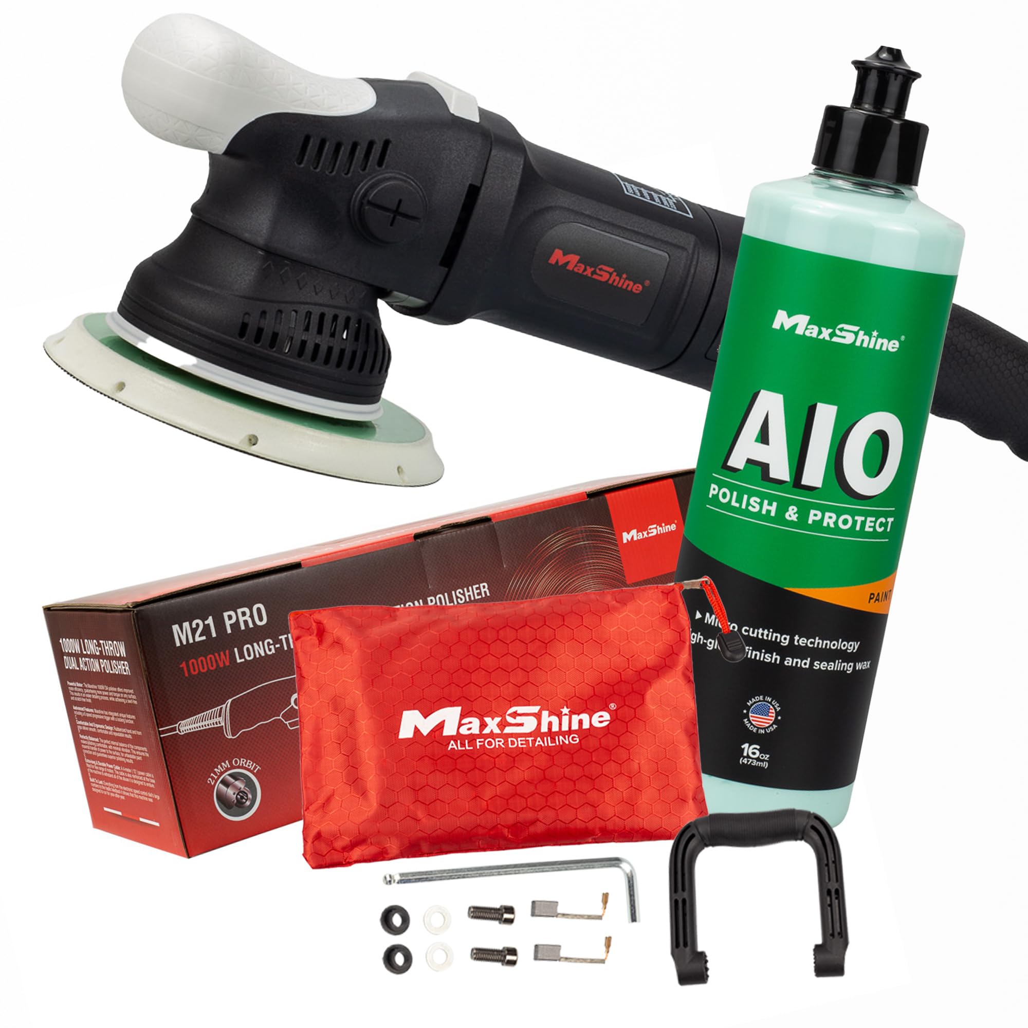 Maxshine M21 Pro Kit - DA Polisher with AIO Scratch & Swirl Remover - 1000W, 6-Speed, 21mm Throw, 6” Disc, 5/16” Thread - Detailing, Buffer, Paint Protection, Swirl & Scratch Repair