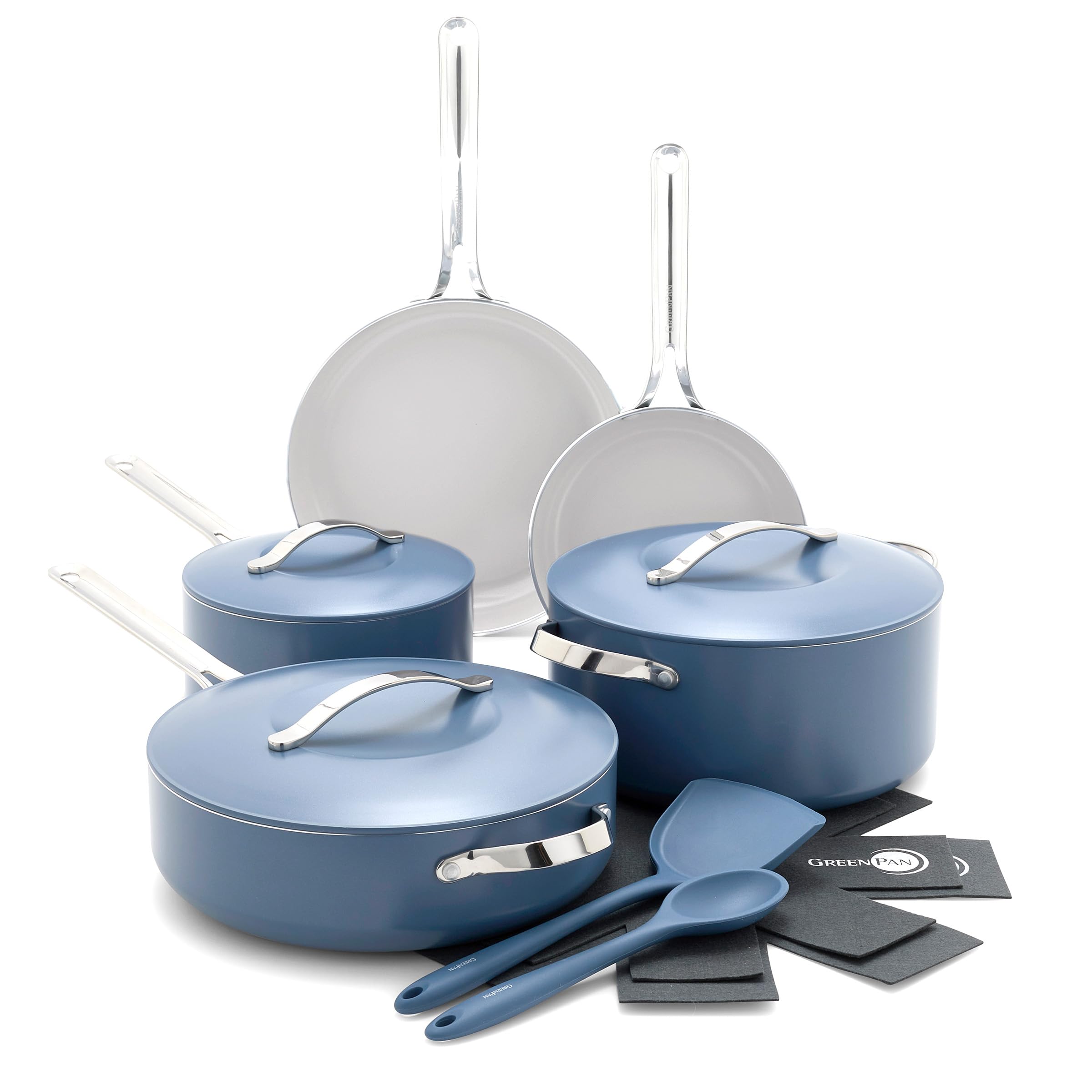 GreenPan Nova 10-Piece Cookware Pots and Pans Set, Oprah’s Favorite Things 2024, PFAS-Free Ceramic Nonstick, Fry, Sauté, Stockpot, Utensils, Lids, Induction Suitable, Dishwasher, Oven Safe, Ocean