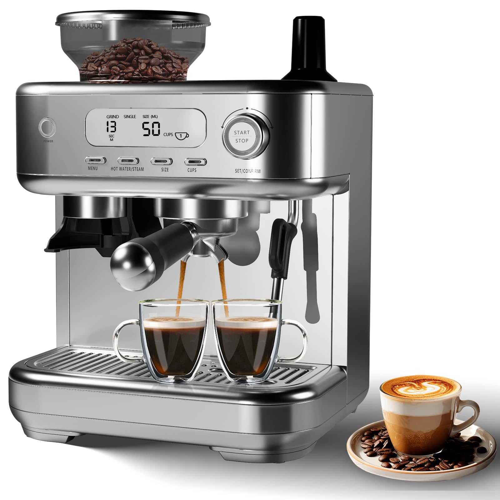GarveeHome Semi-Automatic Espresso Machine, Coffee Machine with Grinder and Steam Milk Frother, LCD Smart Screen Espresso Maker with 78 Oz Removable Water Tank for Cappuccinos and Lattes