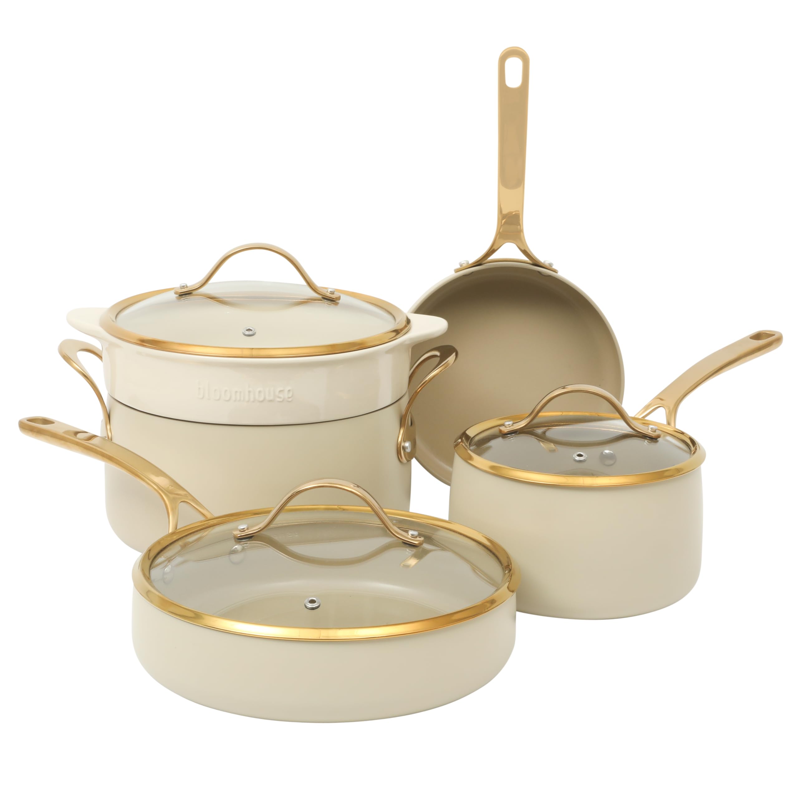 bloomhouse 8 Piece Pots and Pans Heavy Duty Aluminum Premium PFA Free Ceramic Nonstick Dutch Oven Pot w/Lid - Linen White w/Gold Handle
