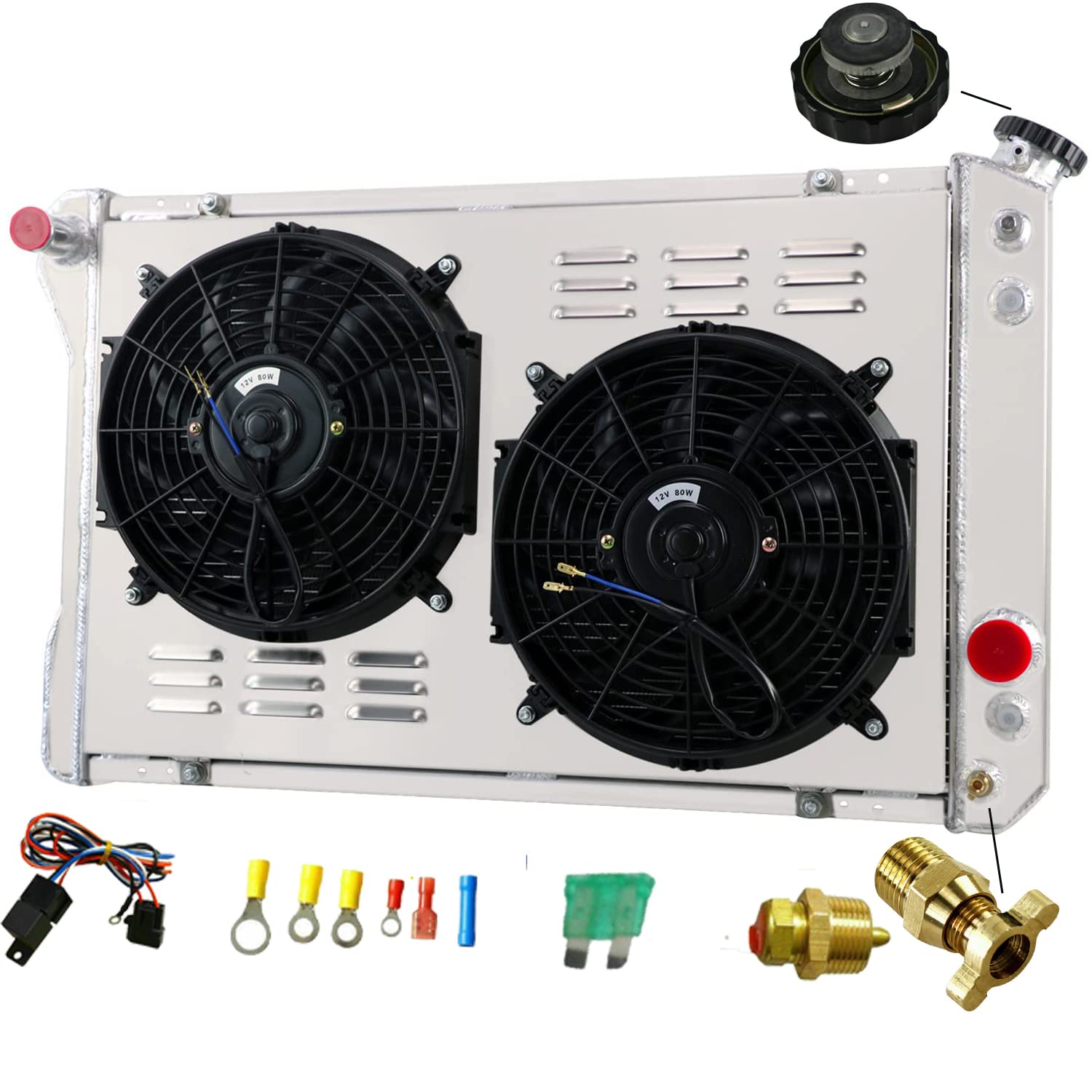 RadRace Aluminum Radiator for 1982-1992 Chevy Camaro,Pontiac Firebird AT 4 Row Core 12" Fans Shroud Thermostat Relay Kit 83 84 85 86 87 88 89 90 91 Radiators
