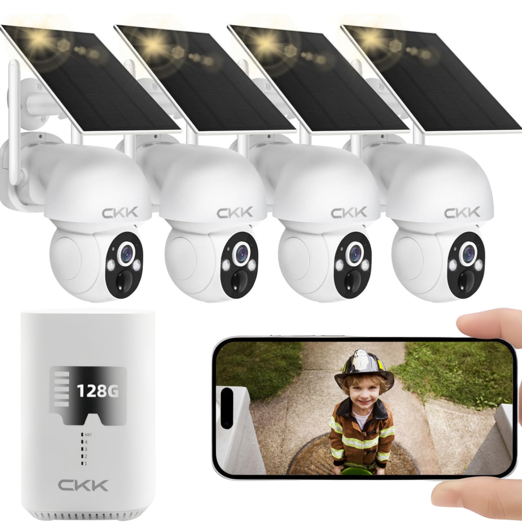 Family Safety System,CKK 2.5K Solar Security Cameras Wireless Outdoor,4 Cameras Kit with Full Color Night Vision,360° View,2.4Ghz WiFi Camera,2-Way Audio,Spotlight,128G Local Storage,No Monthly Fee