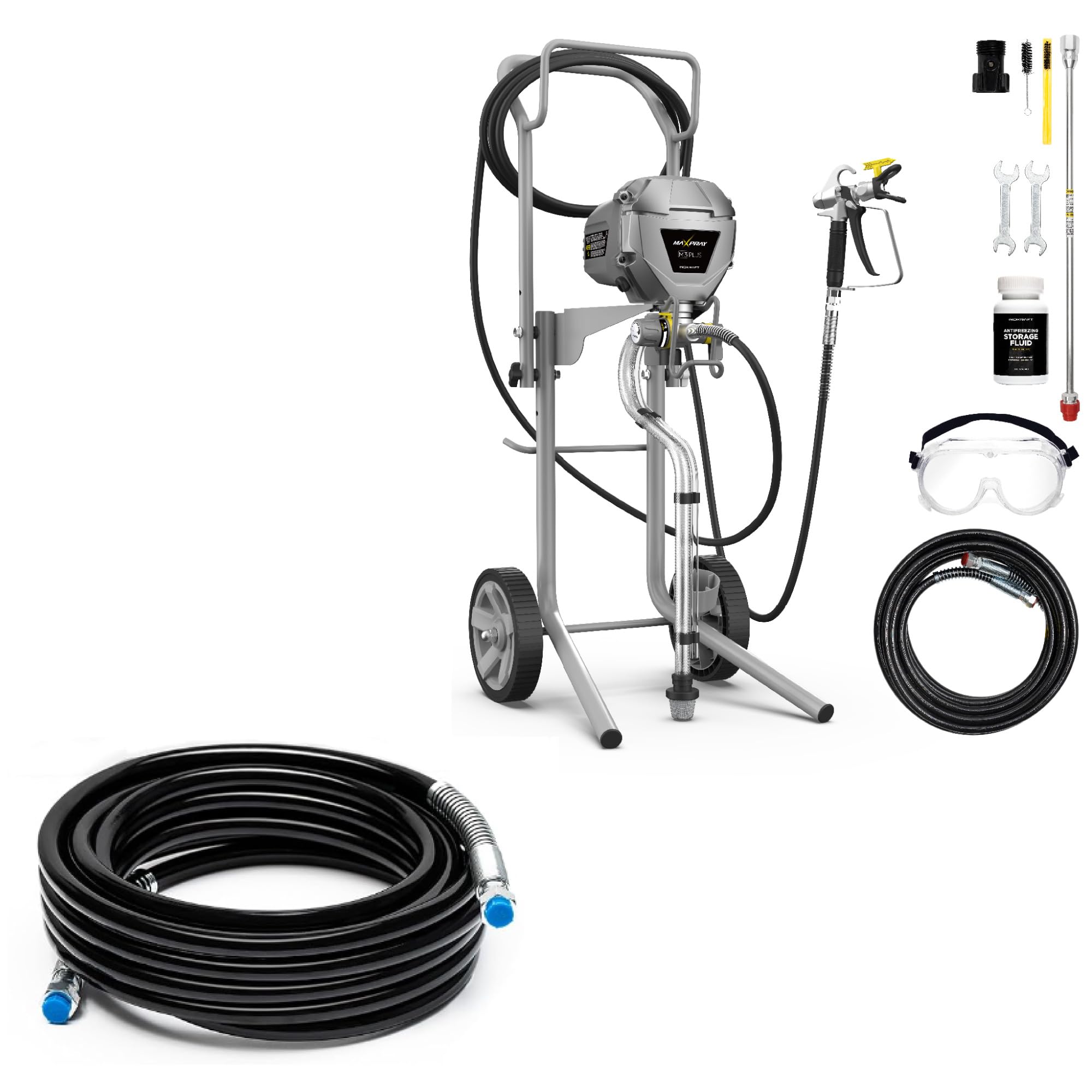 InoKraft Cart Airless Paint Sprayer Pro MaXpray M3 + Airless Super Flexible Whip Hose 1/4 in x 25 ft，airless Paint Spray Hose