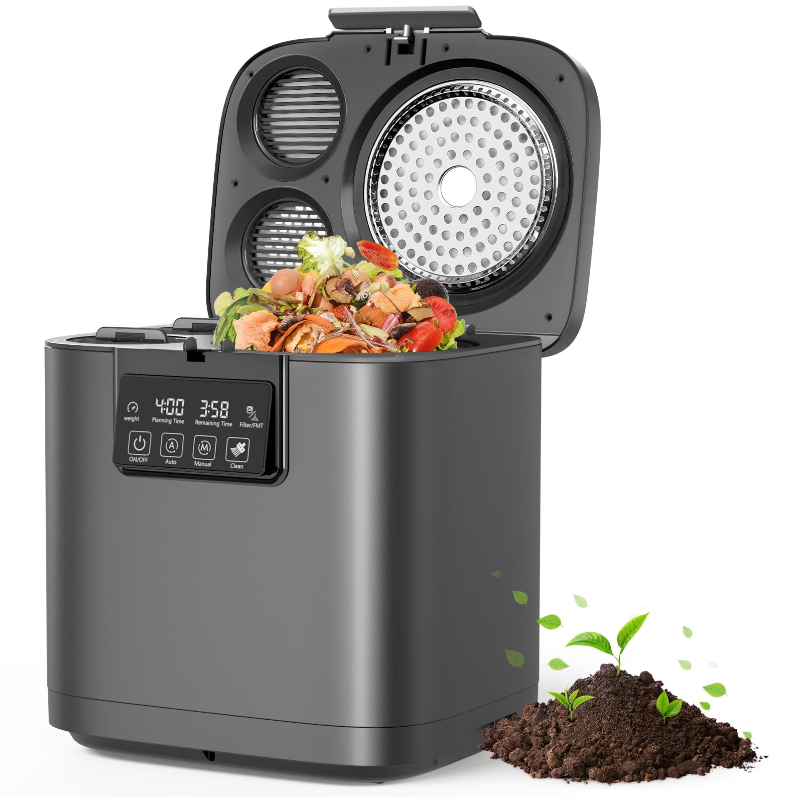 Electric Kitchen Composter, 4L Large Capacity Smart Indoor Compost Bin with Timer Display, 2 Detachable Carbon Filter, Compost Machine Odorless for Countertop, Turn Waste into Natural Fertilizer,Grey