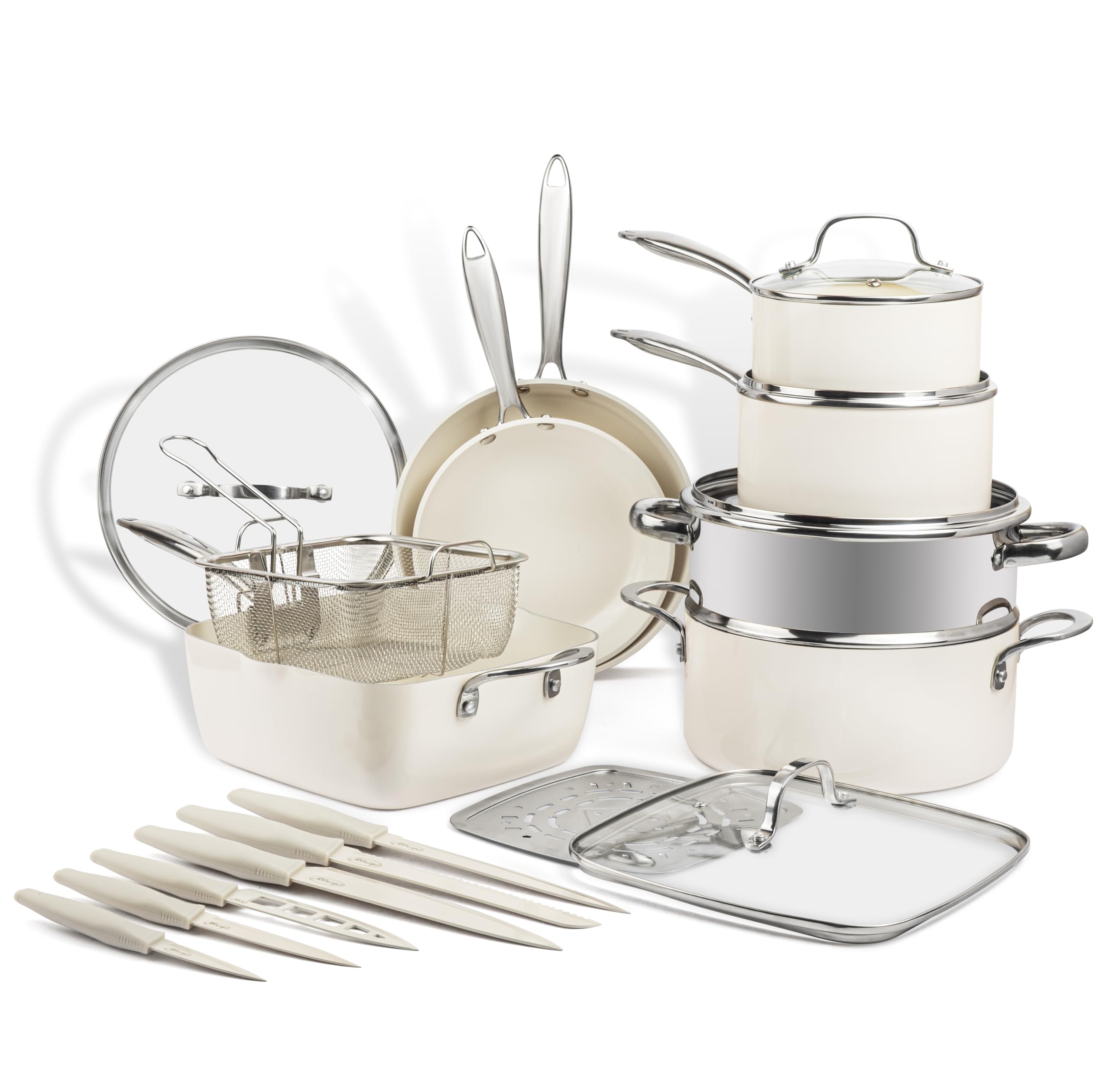 Gotham Steel 20 Pc Pots and Pans Set Non Stick Cookware Set, Pot and Pan Set, Kitchen Cookware Sets, Non Toxic Ceramic Cookware Set, Nonstick Cookware Set, Lightweight, Dishwasher Safe, Cream White…