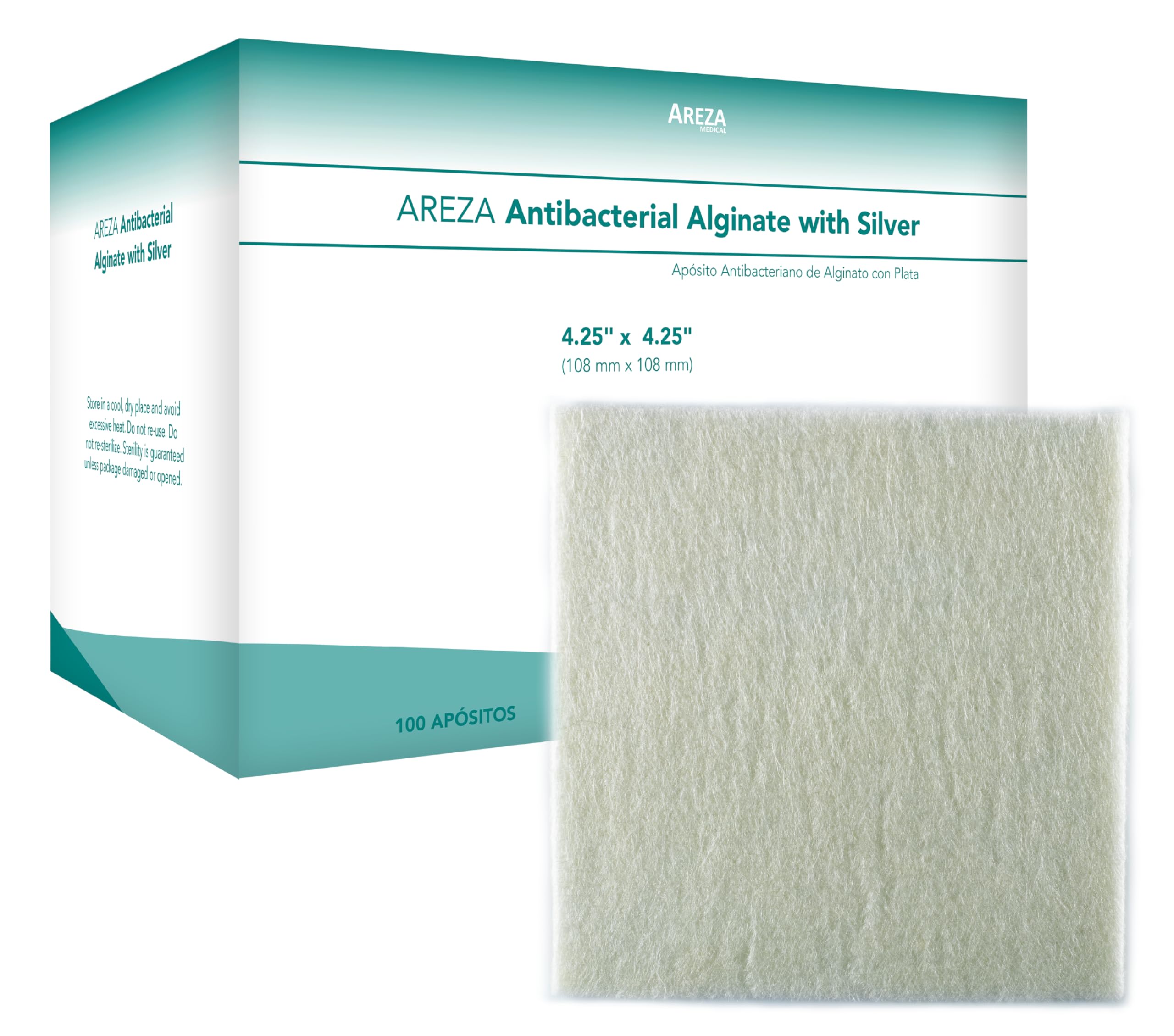 Areza Medical - Silver Alginate (Antibacterial Alginate with Silver) - Wound Dressing Pads - Sterile - 4.25" X 4.25" (10.8 cm X 10.8 cm) - 100 PCS per Box - FSA/HSA Approved
