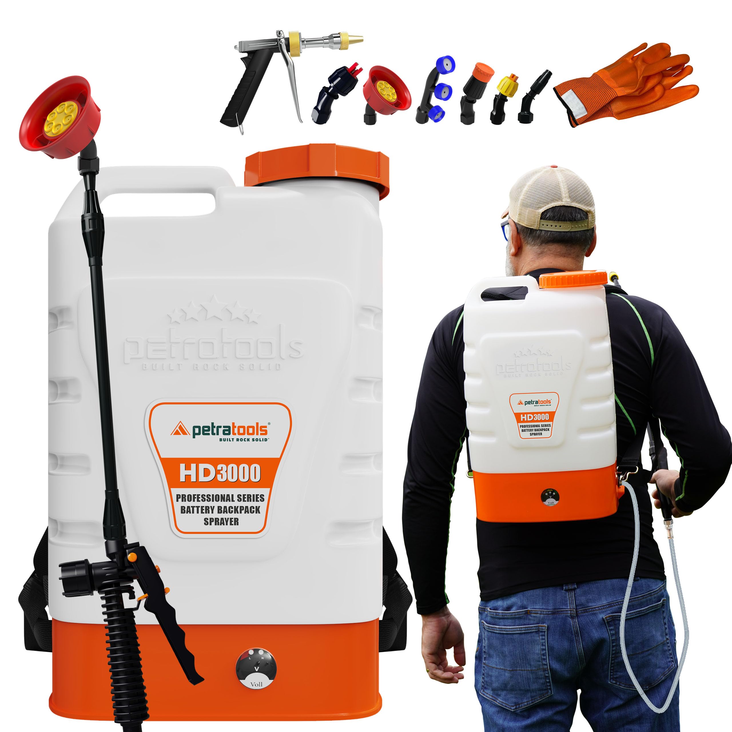 PetraTools 3 Gallon Battery Powered Backpack Sprayer in Lawn and Garden - HD3000 - Long Battery Life & Padded Straps for Comfort - Electric Sprayer w/ 7 Spray Nozzles & 80PSI (3 Gallon ProKit)