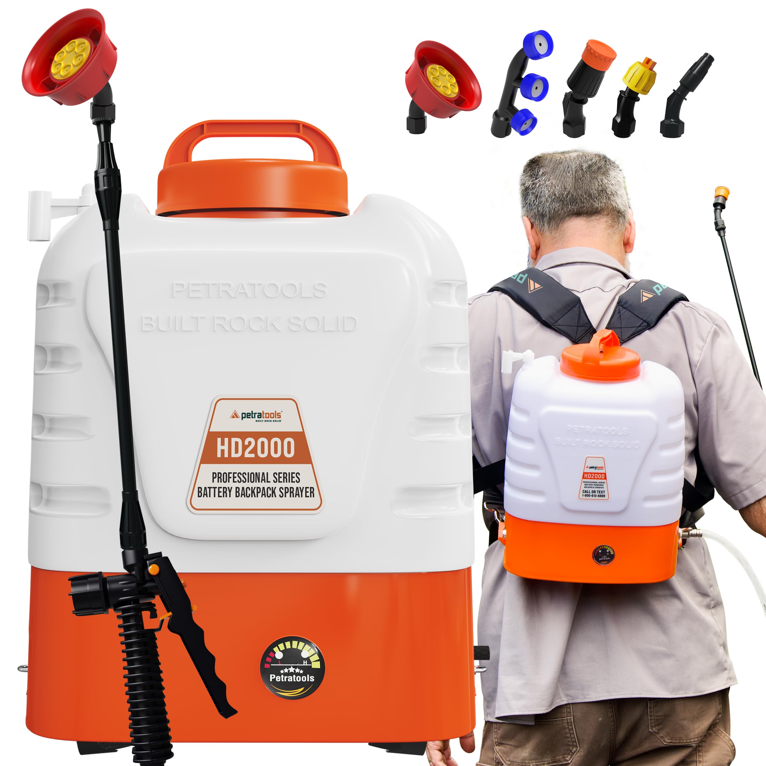 PetraTools 2 Gallon Battery Powered Backpack Sprayer in Lawn and Garden - HD2000 - Long Battery Life & Padded Straps for Comfort - Electric Sprayer w/ 5 Spray Nozzles & 80PSI (2 Gallon)