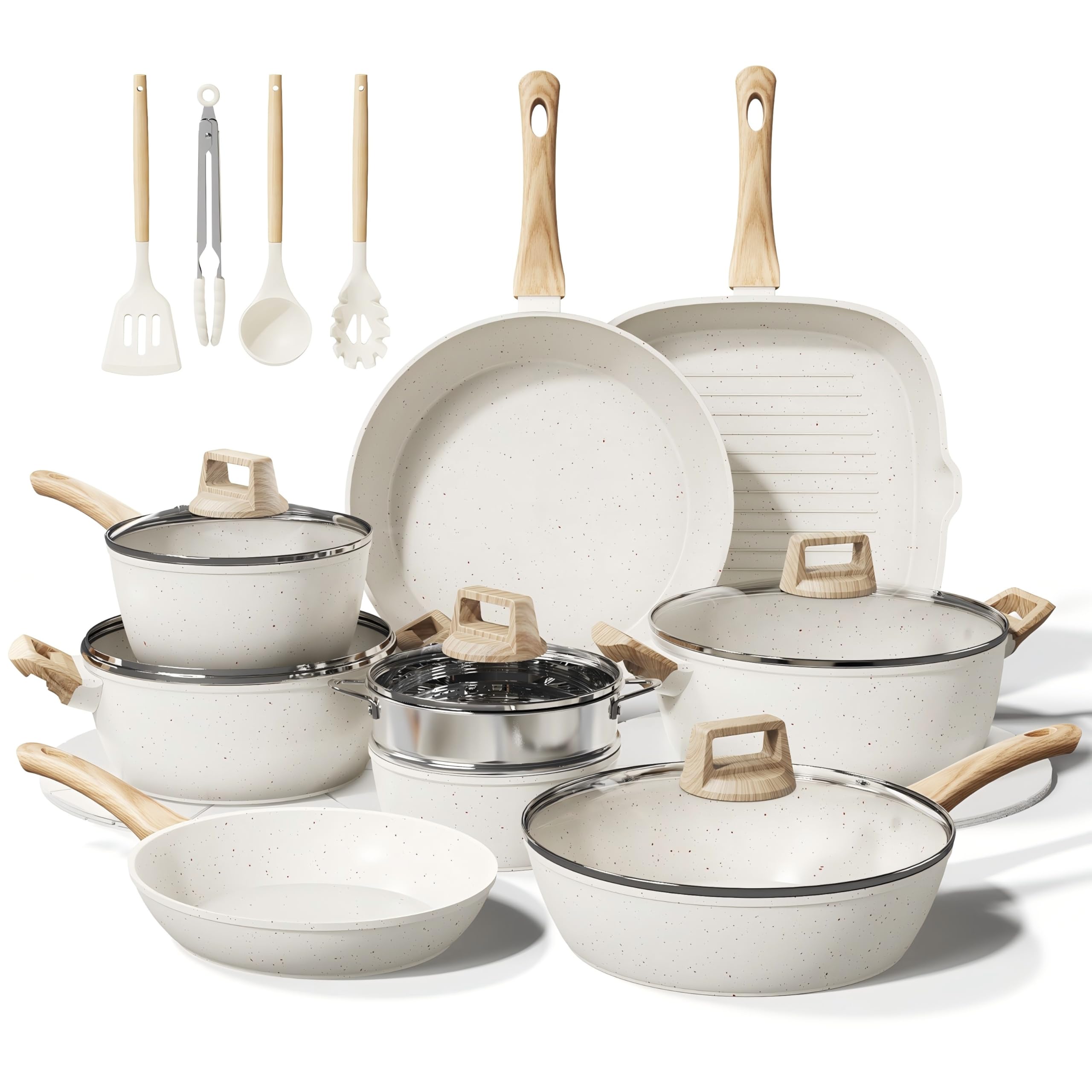 Bazova 24 Pcs Pots and Pans Set Non Stick Ceramic Cookware Set,Healthy Non Toxic Kitchen Cookware Sets with Large Capacity,Induction Compatible,Dishwasher Safe,PFAS/PTFE/PFOA/PFOS Free,Cream White