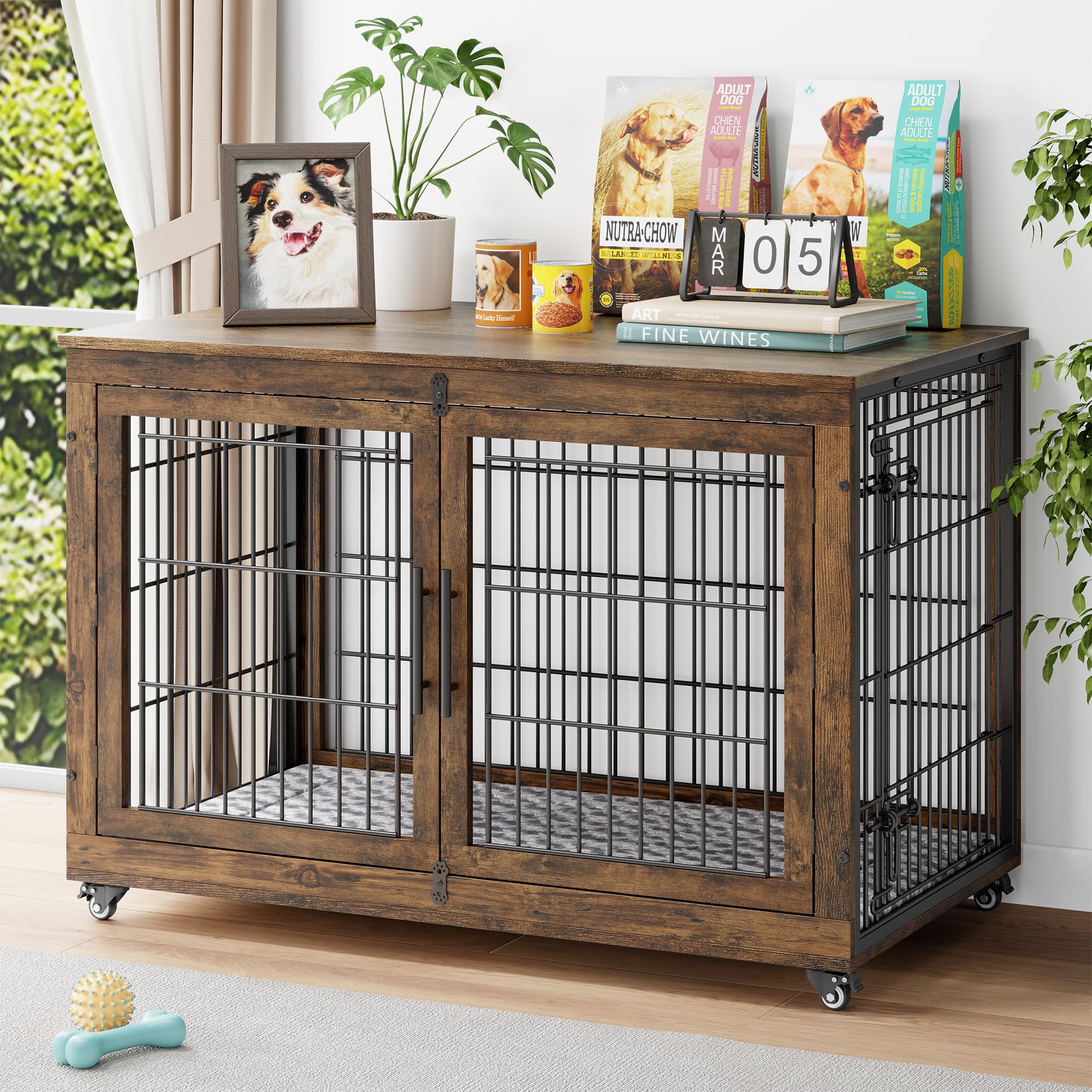 YaFiti Dog Crate Furniture with Cushion, Wooden Dog Kennel Indoor with Double Doors, Dog Cage with Wheels, Dog House Side End Table for Large Dogs up to 85 lb, 44" L, Rustic Brown