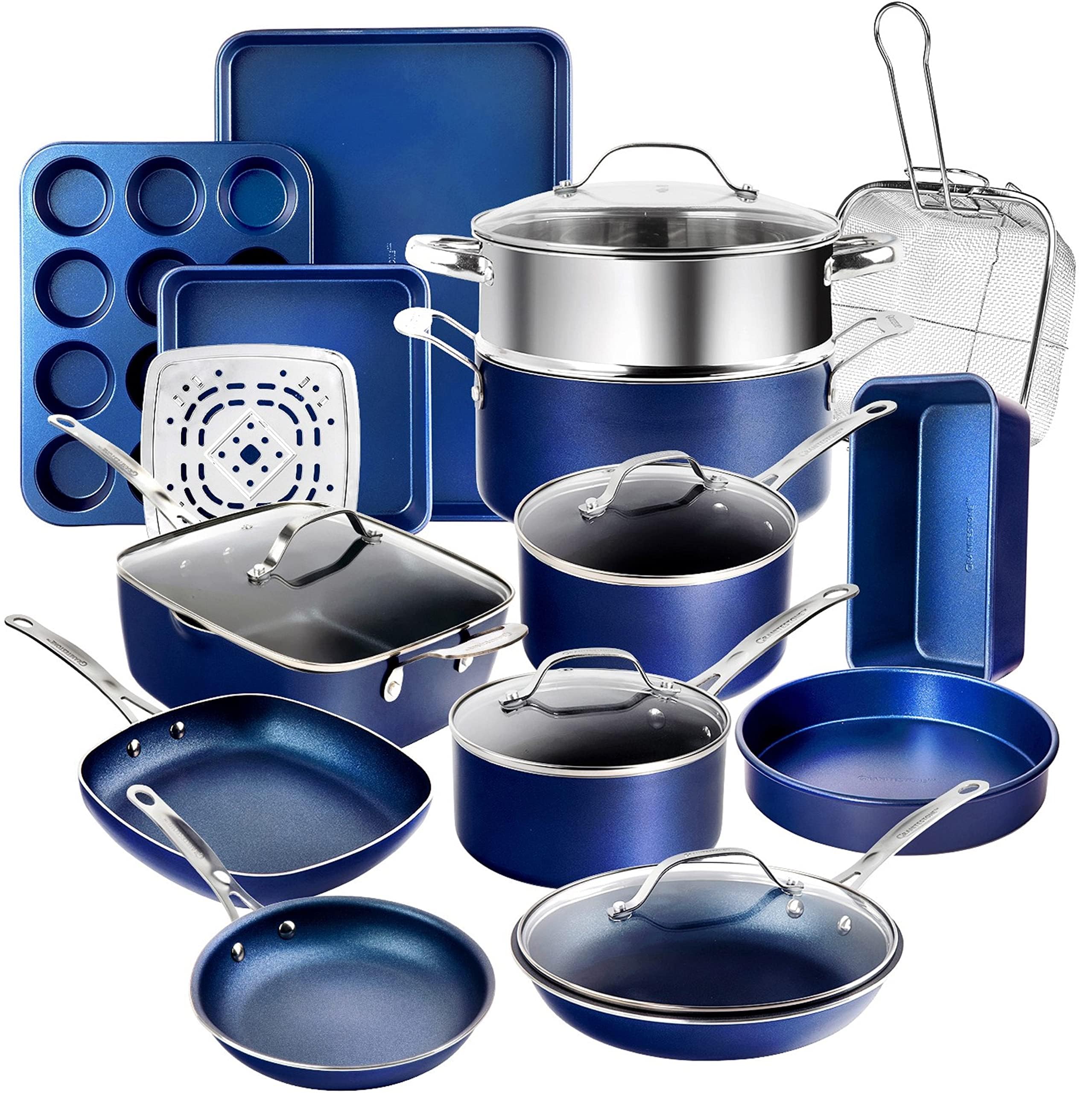 Granitestone True 20 Pc Pots and Pans Set Non Stick Cookware Set with Deep Square Pan and Bakeware Set, Non Toxic PFOA PFOS Free, Oven & Dishwasher Safe, No Cheater Pieces
