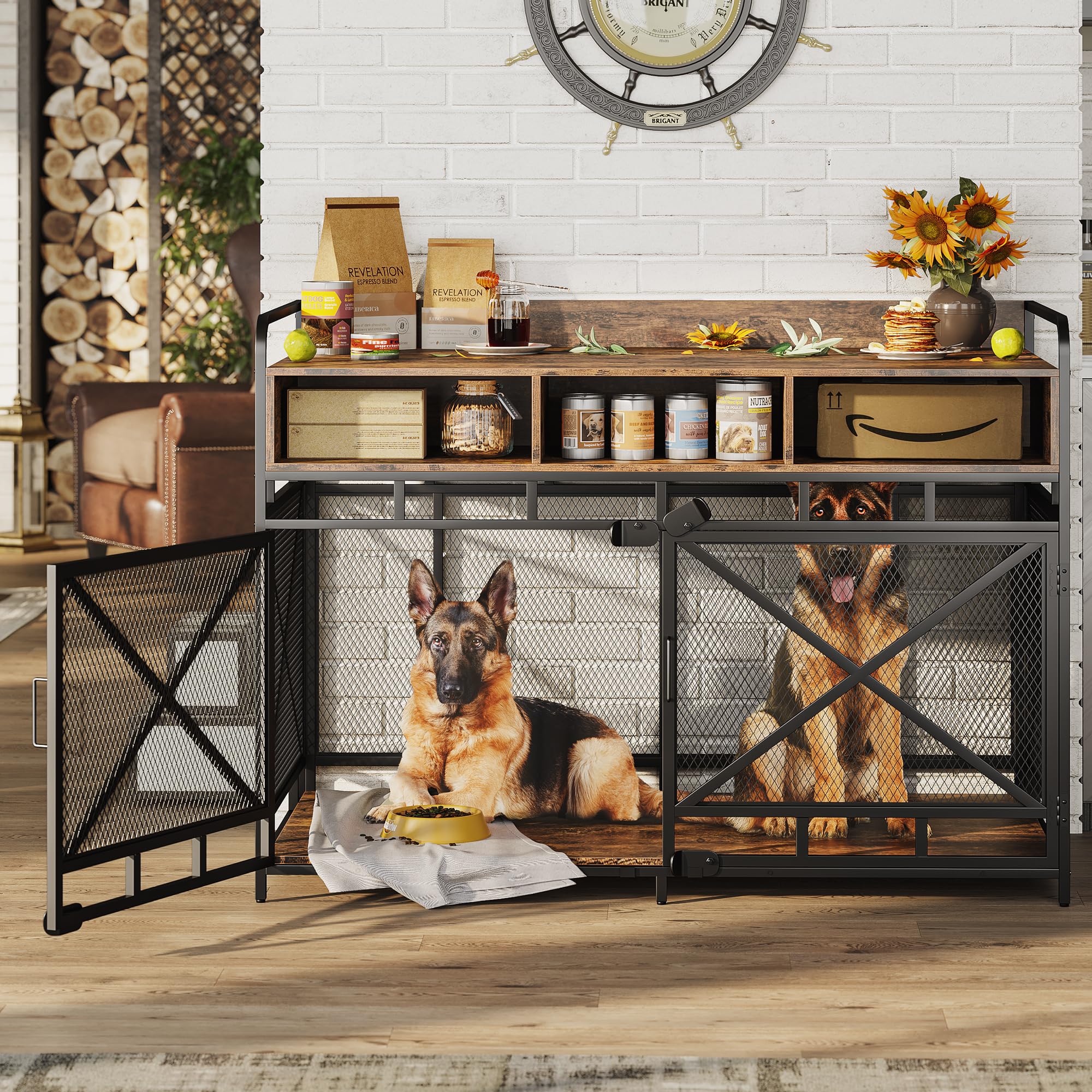 Fulhope Dog Crate Furniture,Wooden Dog Crate End Table,48 Inch Dog Kennel with Drawers,Heavy Duty Dog Crate,Decorative Pet Crate Dog Cage for Indoor 48.2" L x 27.6" W x 35.7" H (Rustic Brown)
