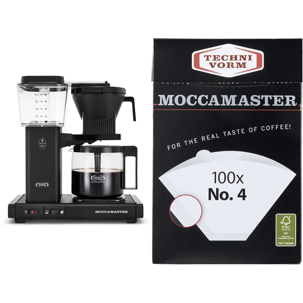 Moccamaster 53948 KBGV Select 10-Cup Coffee Maker, Matte Black, 40 ounce, 1.25l & #4 White Paper Filters, 100-count per box