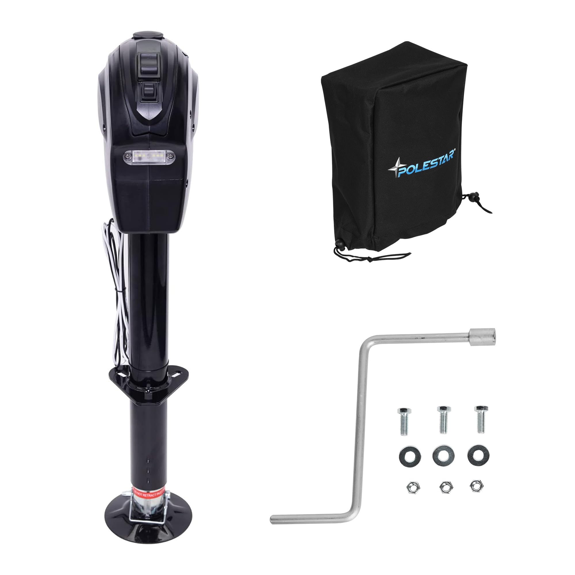 POLESTAR Electric Trailer Jack, 3500lbs Electric Power A- Frame Tongue Trailer Jack with Waterproof Protective Cover & LED Light for Travel Trailer Camper, RV, 12V DC with Hard Wiring, 9"-27" Lift