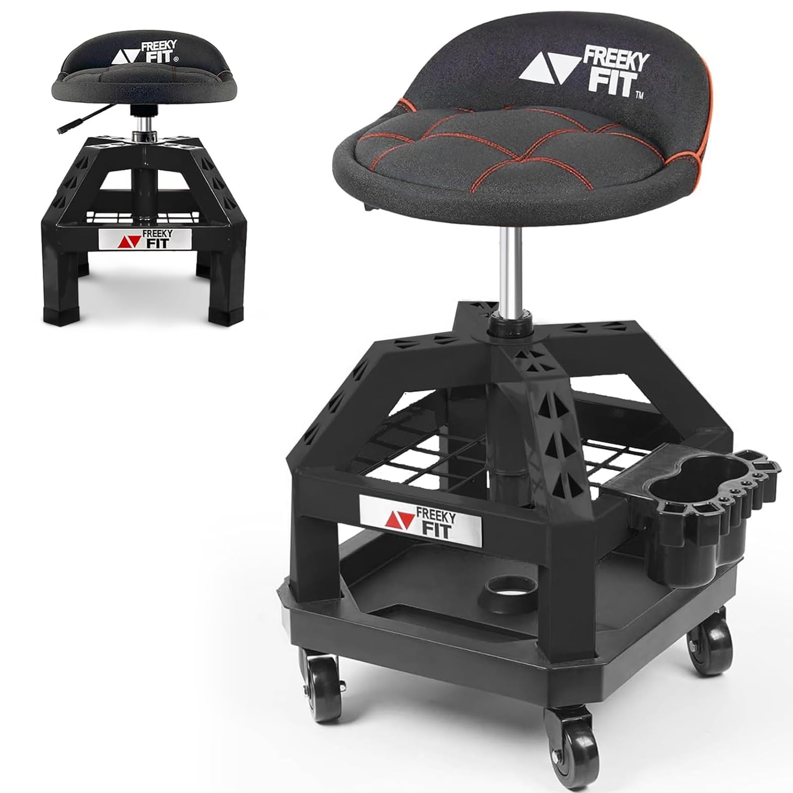 FreekyFit Rolling Shop Stool for Garage with Casters, DO02-Adjustable Height 360° Swivel Shop Seat with Tool Tray Storage, 330 LBS Capacity Padded Mechanic Stool, Black