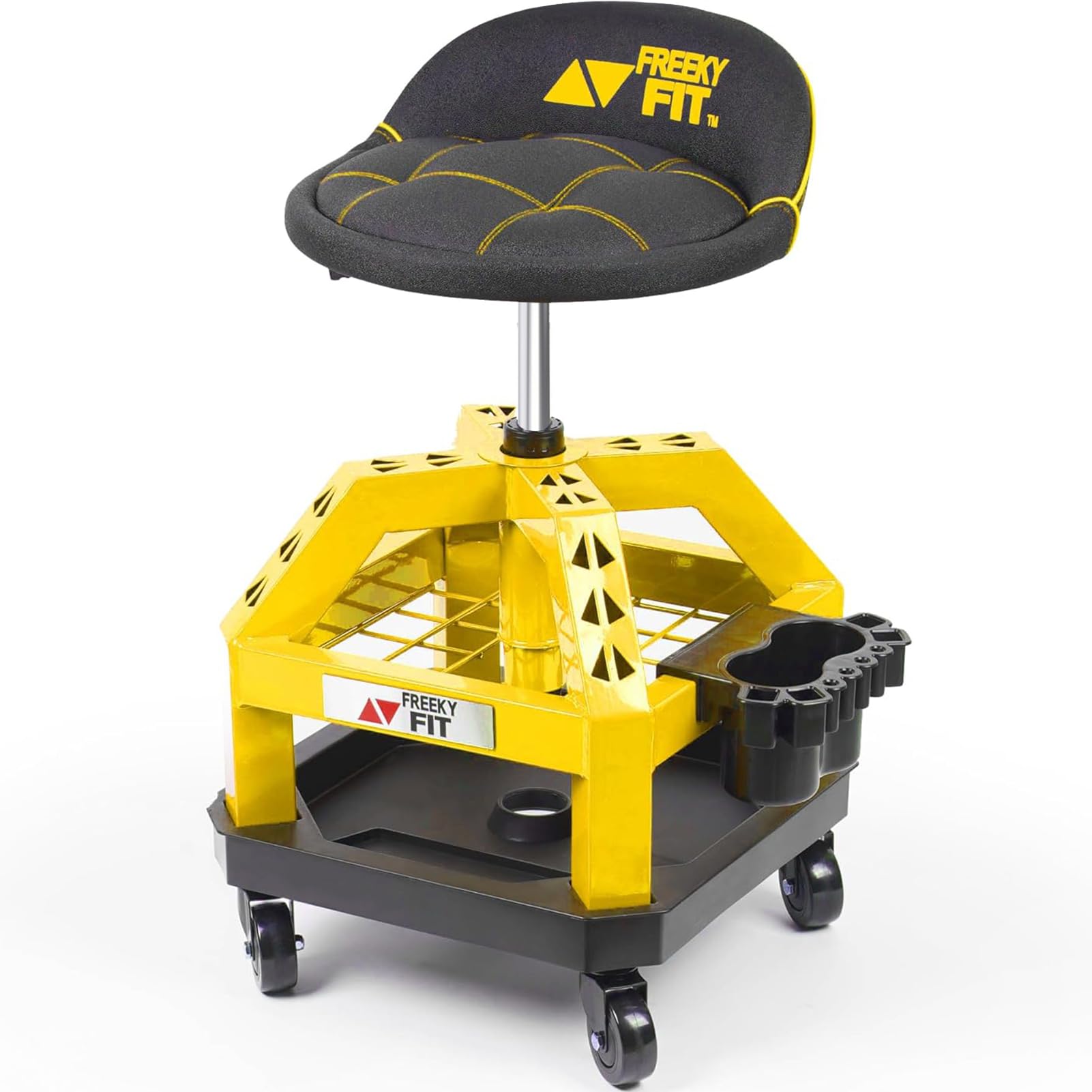 FreekyFit Rolling Shop Stool for Garage with Casters, DO02-Adjustable Height 360° Swivel Shop Seat with Tool Tray Storage, 330 LBS Capacity Padded Mechanic Stool, Yellow