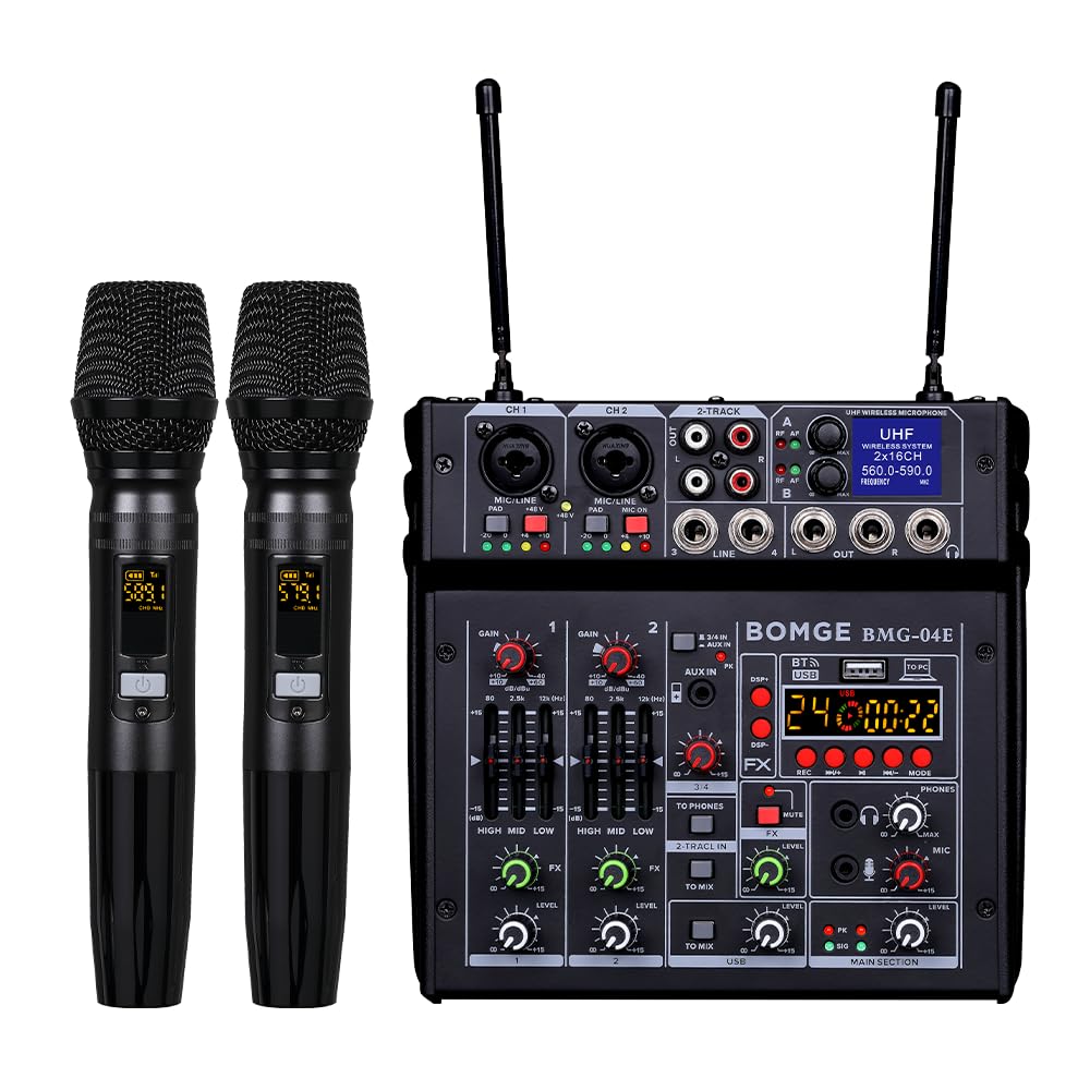 BOMGE 04E karaoke Audio mixer,4 Channel Mixer With Dual UHF Wireless Mic, Sound Board Console MP3 Bluetooth 48V Phantom Power USB Audio Interface DJ Mixing for Party Computer Studio Recording (04E)