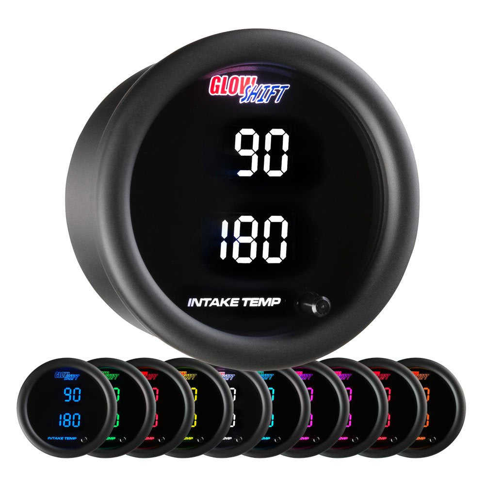 GlowShift 10 Color Digital 300 F Dual Intake Intercool Temperature Gauge Kit - Includes Electronic Sensors - 2 Multi-Color LED Displays - Tinted Lens - 2-1/16" (52mm)