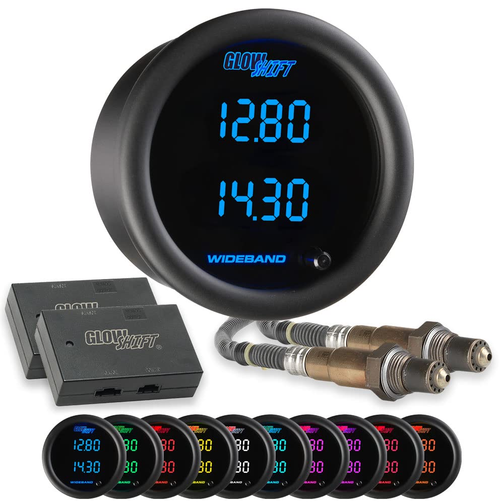 GlowShift 10 Color Digital Dual Wideband Air/Fuel Ratio AFR Gauge - Includes Oxygen Sensors, Data Logging Output & Weld-in Bungs - 2 Multi-Color LED Displays - Tinted Lens - 2-1/16" (52mm)