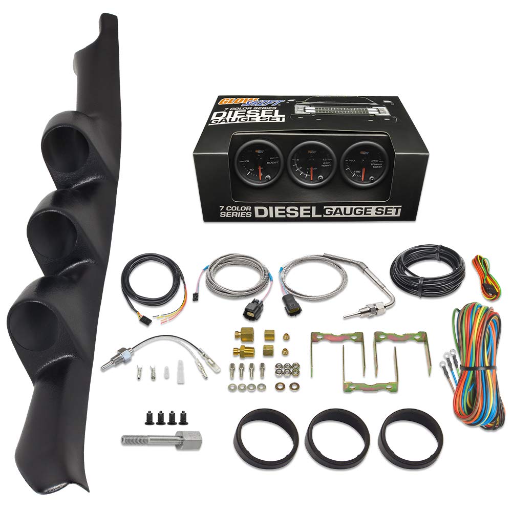GlowShift Diesel Gauge Package Compatible with Chevrolet Chevy C/K 2500 3500 1995-1998 - Black 7 Color 60 PSI Boost, 1500 F Pyrometer EGT & Transmission Temperature Gauges - Black Triple Pillar Pod