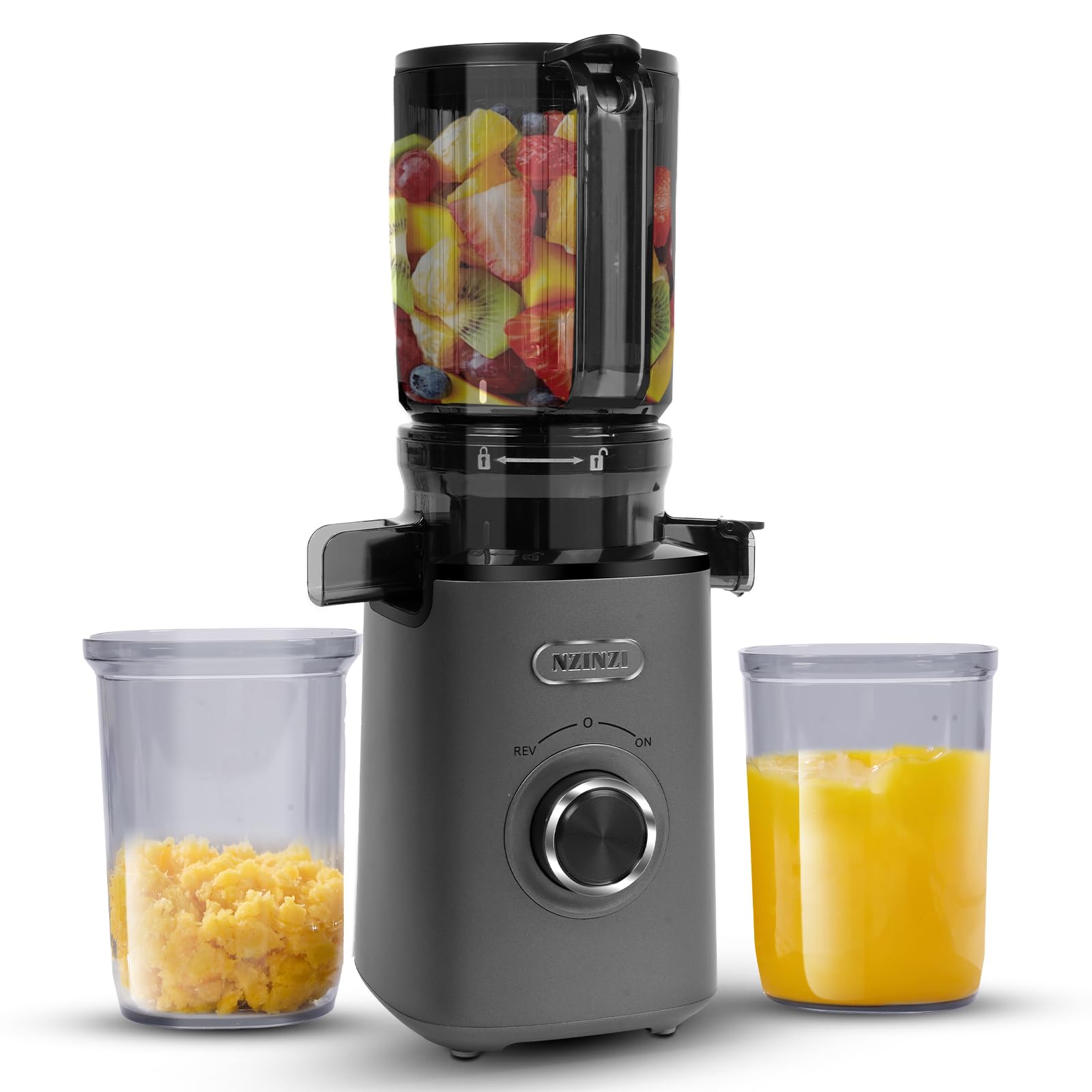 NZINZI Cold Press Juicer, Slow Juicer Machine Easy to Clean, Self-Feeding Masticating Juicer with Large Feed Chute for Whole Fruits and Vegetables, High Juice Yield, Gray