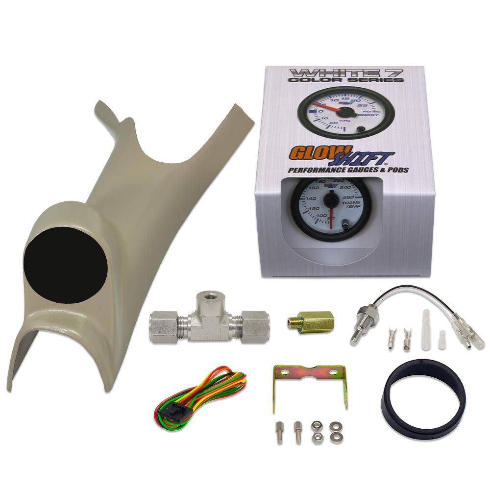 GlowShift Diesel Gauge Package Compatible with Dodge Ram 24-Valve Cummins 2500 3500 2003-2009 - White 7 Color Transmission Temperature Gauge - Factory Matched Taupe Single Gauge Pillar Pod