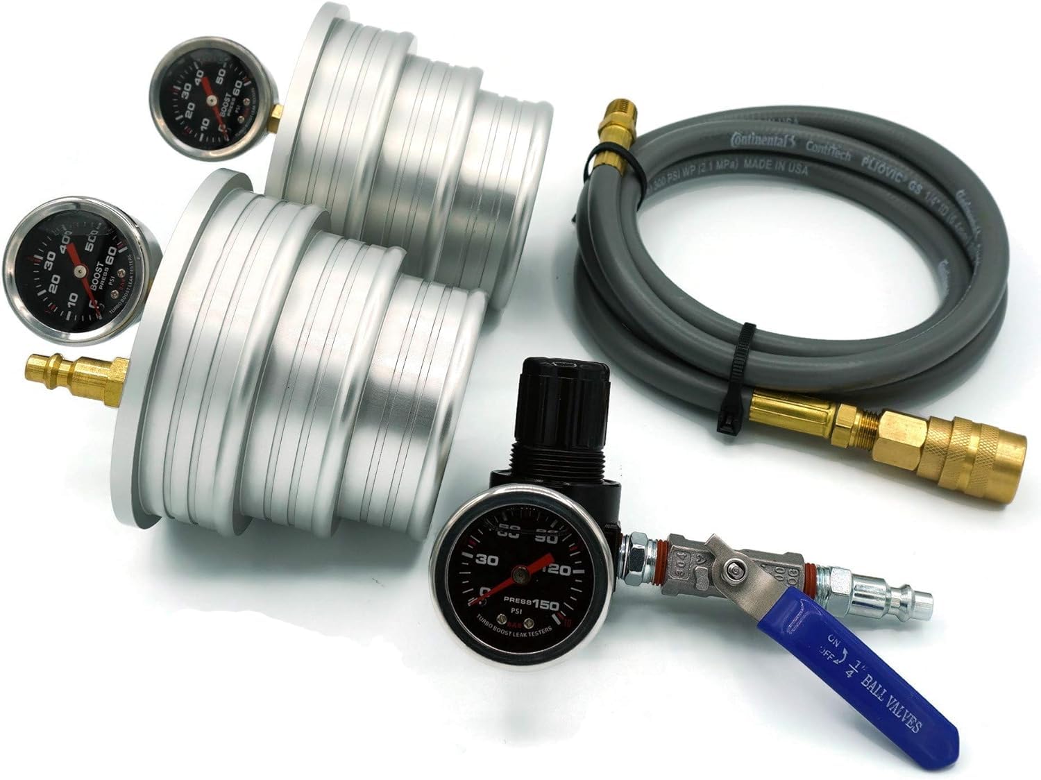 Charge Air Cooler CAC Boost Leak Tester 4", 3.5", 3" Steps - 6061 Solid Aluminum - Anti-Slip Grooves & Bead - for Semi-Trucks, Tractors, Machinery. W/ 5ft Extension Line and 150 PSI Regulator