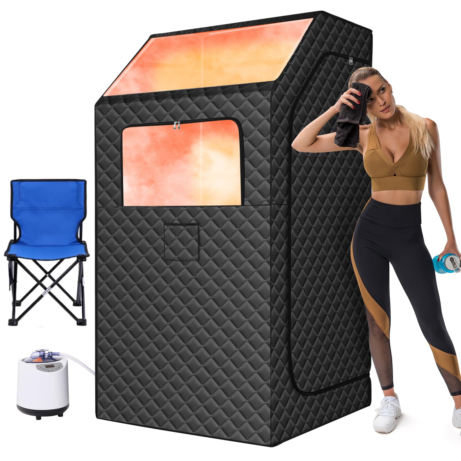 IvyBess Portable Sauna for Home, Home Sauna, Sauna Box with Skylight, Sauna Tent with 1200W Steamer, 15 Levels, 2.9’ x 2.9’ x 5.6’, Black