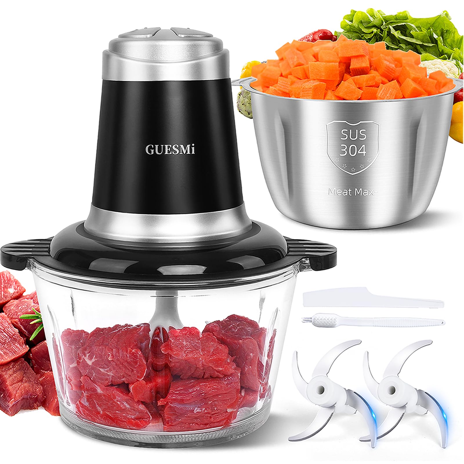 GUESMi Food Processors, Electric Food Chopper with Meat Grinder & Veggie Chopper with 2 Bowls(8 Cup+8 Cup) & 2 Bi-Level Blades with Powerful 500W Copper Motor -Vegetable, Onion, Garlic, Meat, Nuts