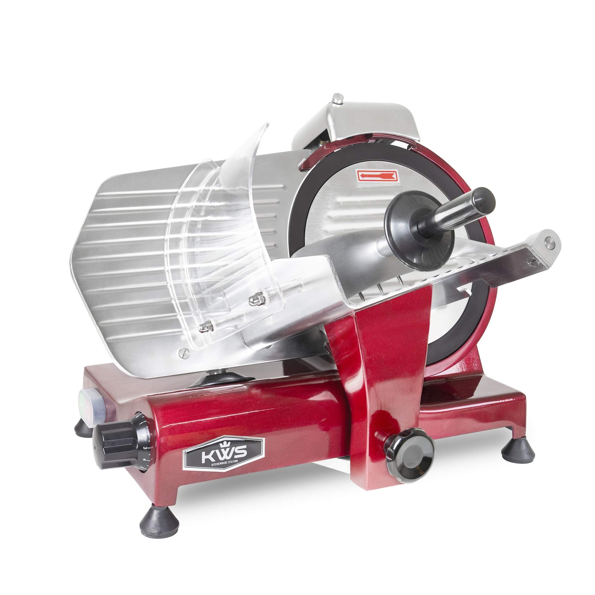 KWS MS-10XT Premium 320W Electric Slicer 10-Inch in Red with Non-sticky Teflon Blade, Frozen Food/Deli Meat/Cheese Slicer, Low Noise Commercial and Home Use [ETL, NSF Certified]
