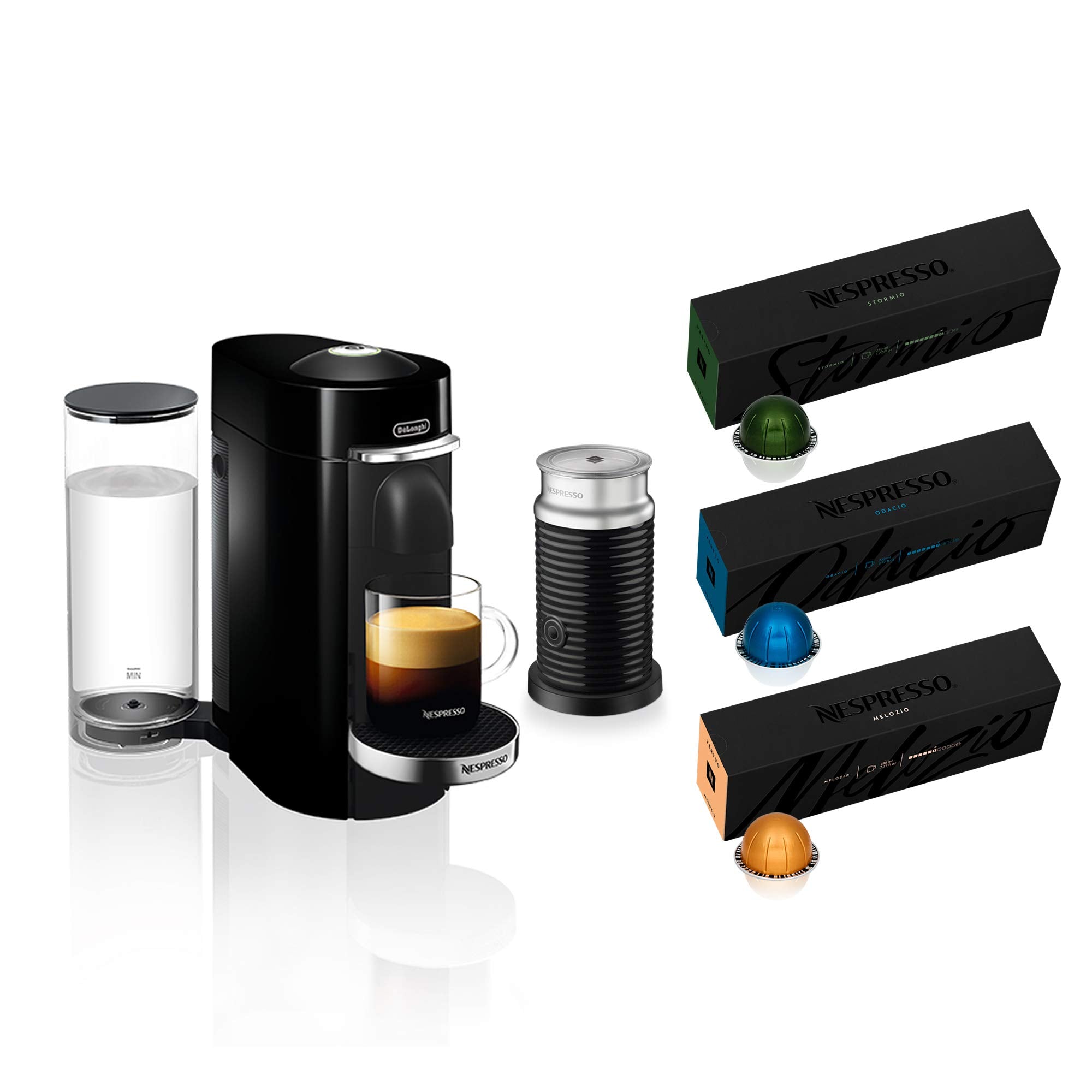 Nespresso VertuoPlus Deluxe Coffee and Espresso Maker Bundle with Aeroccino Milk Frother by De'Longhi, Black with Vertuoline Variety Pack Coffees included