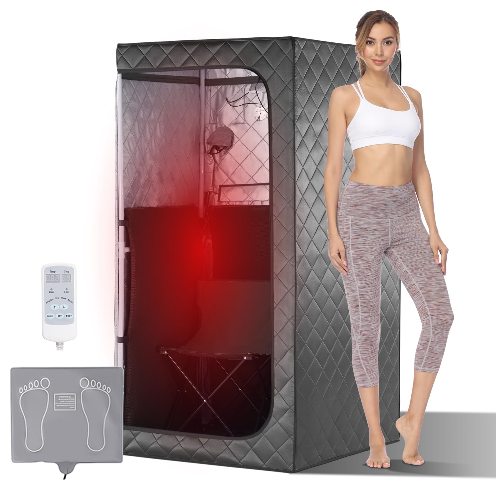 Gollense Infrared Sauna One Person Full Size Portable Infrared Saunas for Home Sauna Box Indoor Sauna Tent with Heating Foot Pad, Portable Chair, Dark Grey