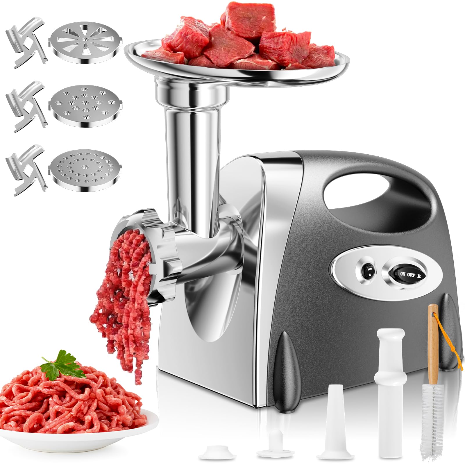 Electric Meat Grinder: [3000W Superior Motor] Meat Grinder with 6 PCS Stainless Steel Blades & Grinding Plates, Sausage Stuffer Tubes & Kubbe Kit Portable Handle for Gift (Gray New)