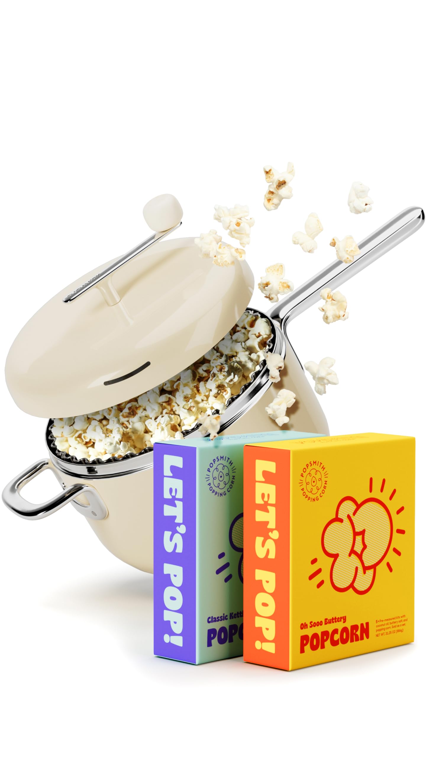 Popsmith Starter Bundle in Cream - 6 Quart Stovetop Popcorn Machine with 5 Movie Theater Popcorn & 5 Kettle Corn Popcorn Kits - Stainless Steel Popcorn Maker Compatible with All Stovetops