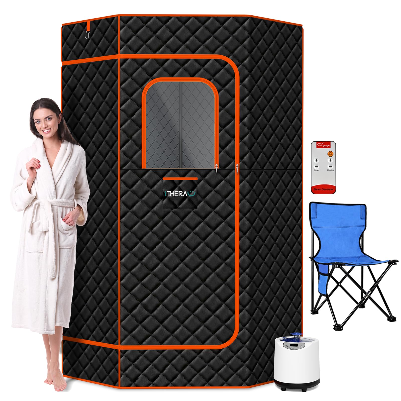 iTHERAU XL Sauna Box, Portable Sauna for Home, Steam Sauna Tent Full Body Personal Sauna Room with 3L 1200w Steamer, Upgrade Materials, Remote Control, 9 Levels Heat, 90 Mins Timer, Chair