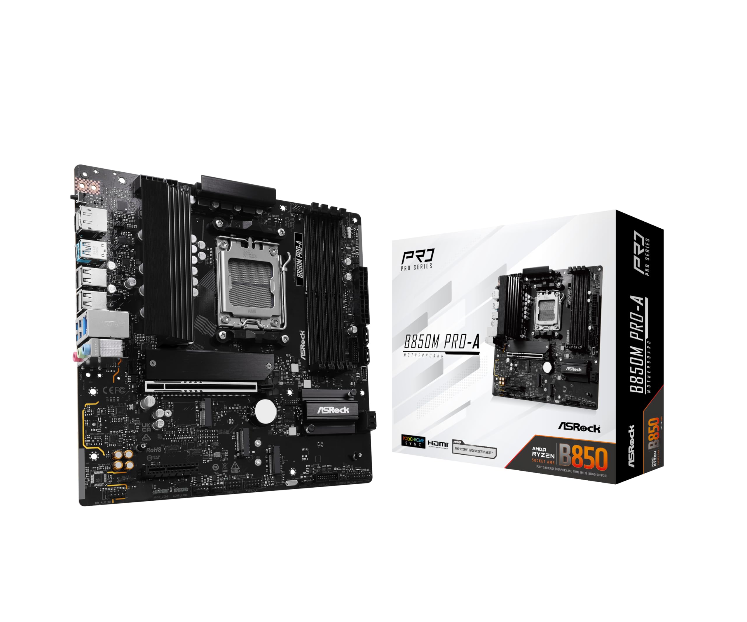 ASRock AMD B850M Pro A Socket AM5 Ryzen 9000/8000/7000 Series DDR5 8000+ (OC) MHz 256GB Micro ATX Motherboard SATA3 6.0 Gb/s PCIe 5.0 B850 M.2 Key E for WiFi 6E BIOS Flashback 2.5G LAN