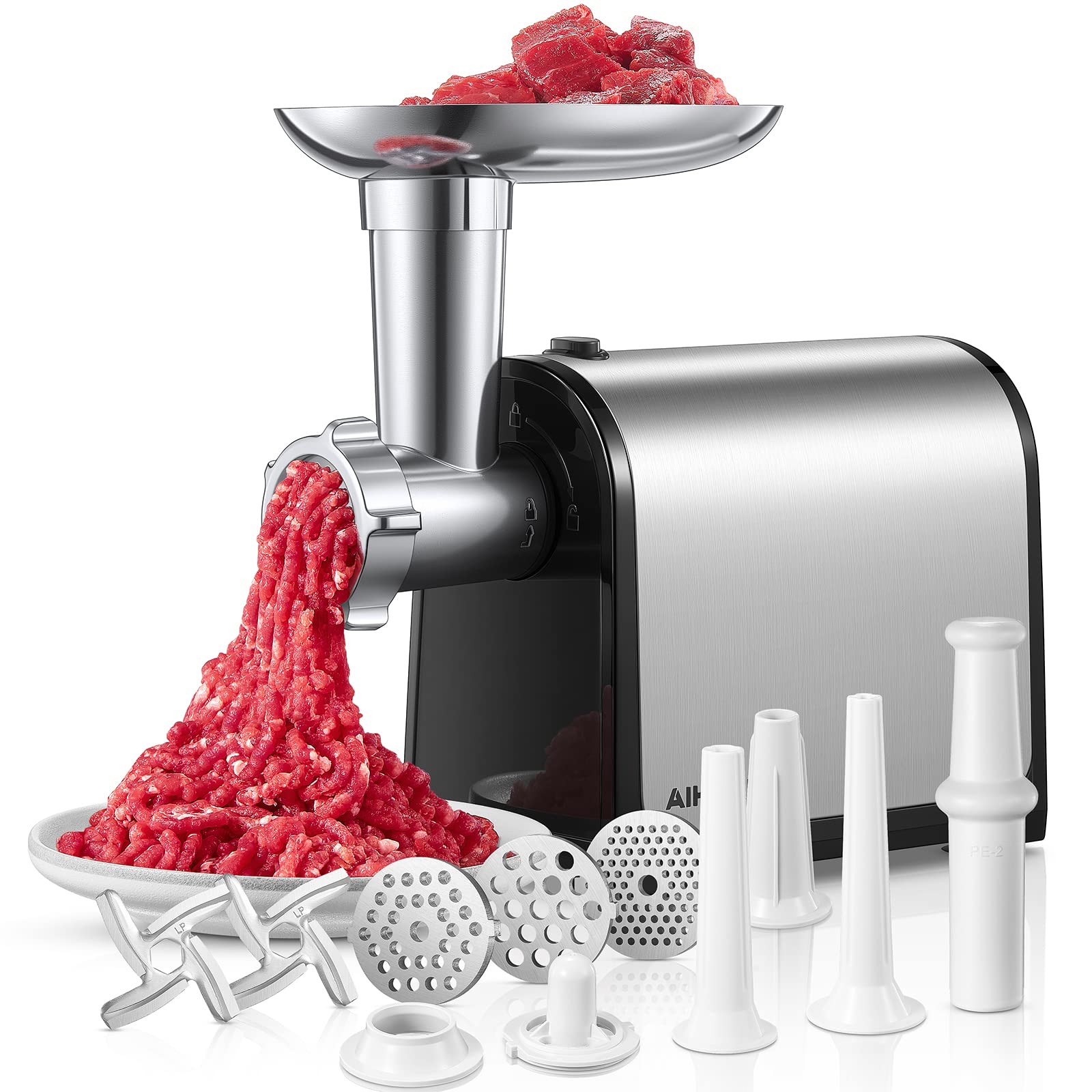Electric Meat Grinder, Sausage Stuffer with 3 Sausage Tubes, 2 Blades, 3 Plates, 3200W Max, Meat Grinder Heavy Duty for Home Kitchen Use, Stainless Steel