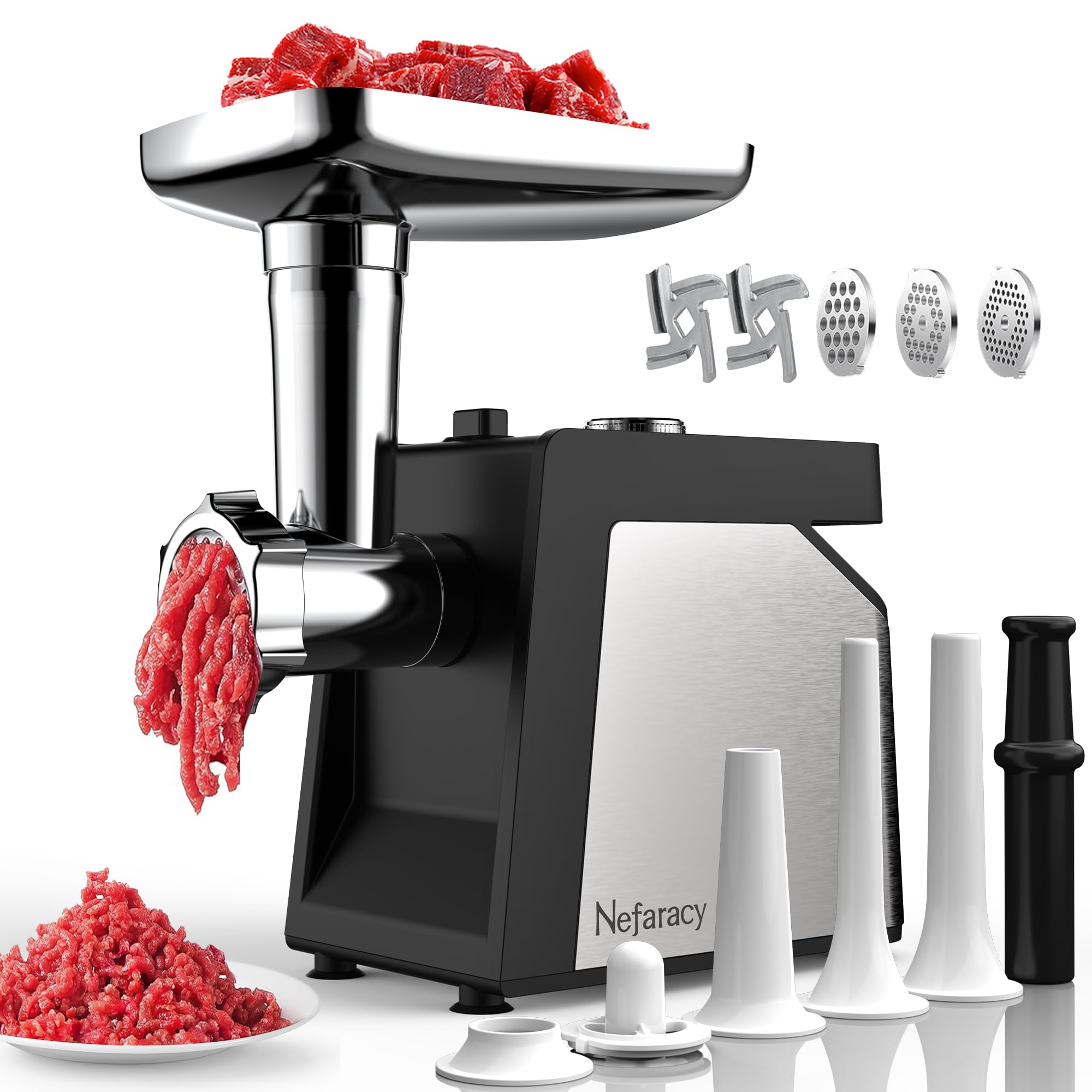 Electric Meat Grinder with Handle, 2600W Max Meat Grinder for Home Kitchen Use, Stainless Steel Heavy Duty Meat Mincer Machine with 2 Blades, 3 Plates, Sausage Stuffer Tubes & Kubbe Kit, Nefaracy