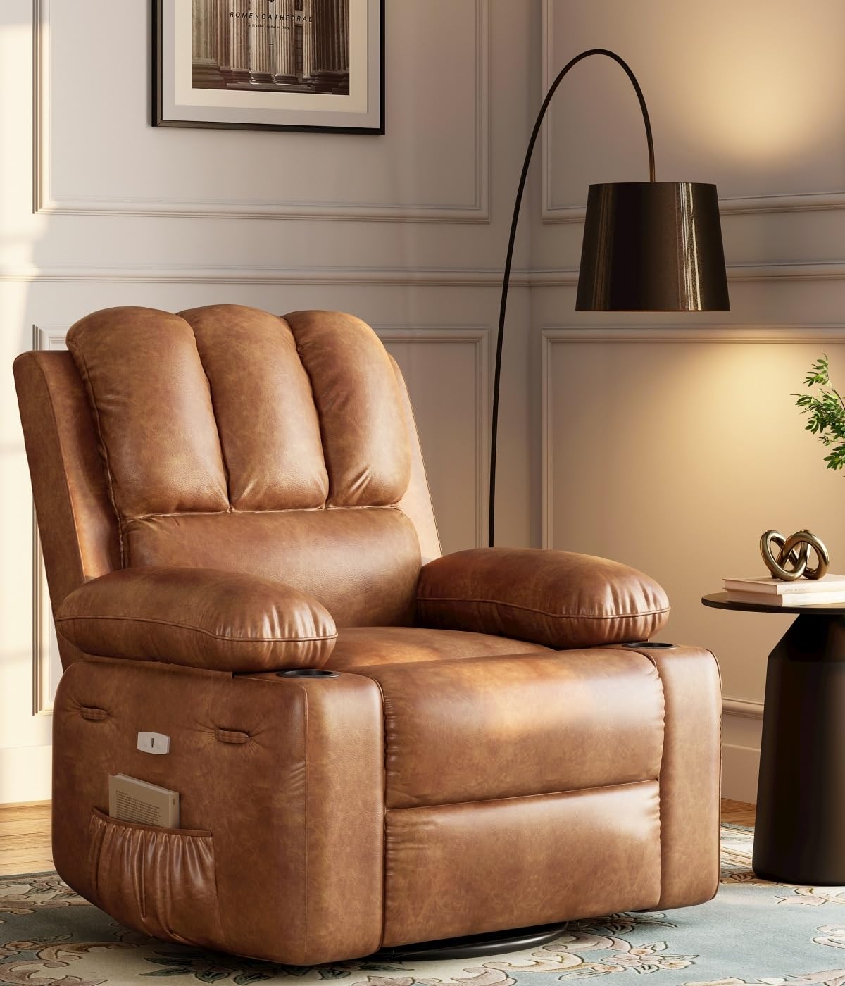 KYBOLT Power Recliner Chair for Adults with Massage and Heat, Swivel Oversized Leather Recliner Chair with USB Ports & Side Pockets for Living Room (27" Large-Seat Width,Coffee)