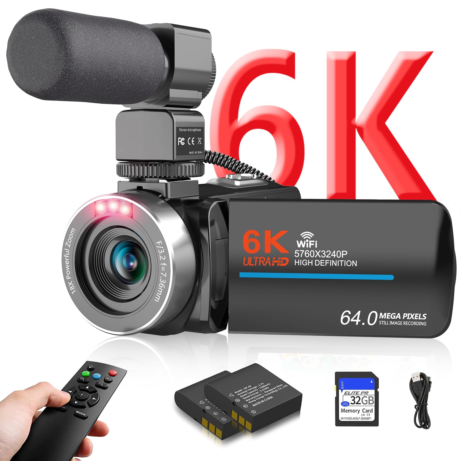Video Camera Camcorder, HD 6K 64MP IR Night Vision Vlogging Camera 18X Zoom WiFi Digital for YouTube 3.0'' Touch Screen Recorder Camera with 32GB SD Card, Microphone, 2.4G Remote Control