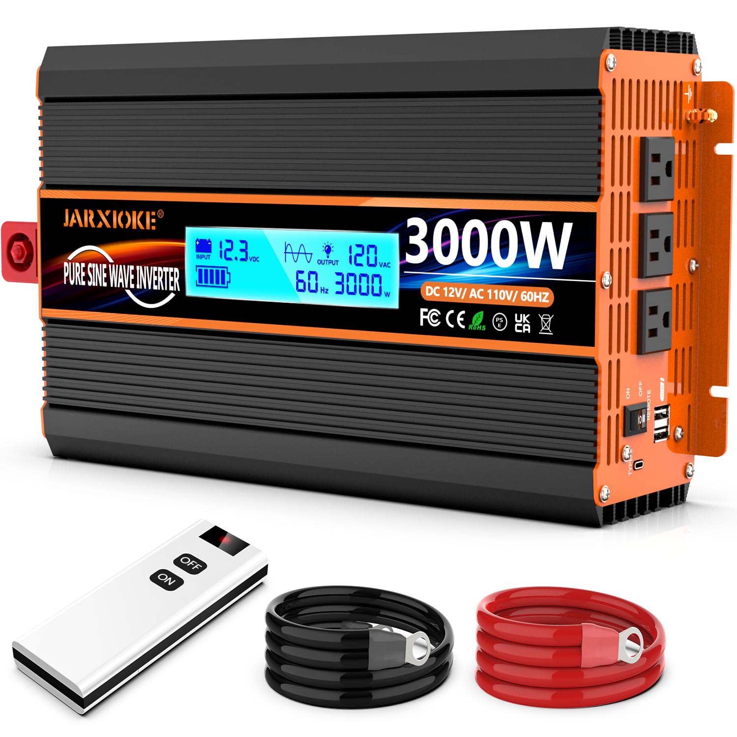 3000 Watt Pure Sine Wave Power Inverter 12V DC to 110V 120V Converter for Family RV Off Grid Solar System Car with Type-C Ports 3AC Power Outlets Dual USB Ports LCD Display and Remote Control