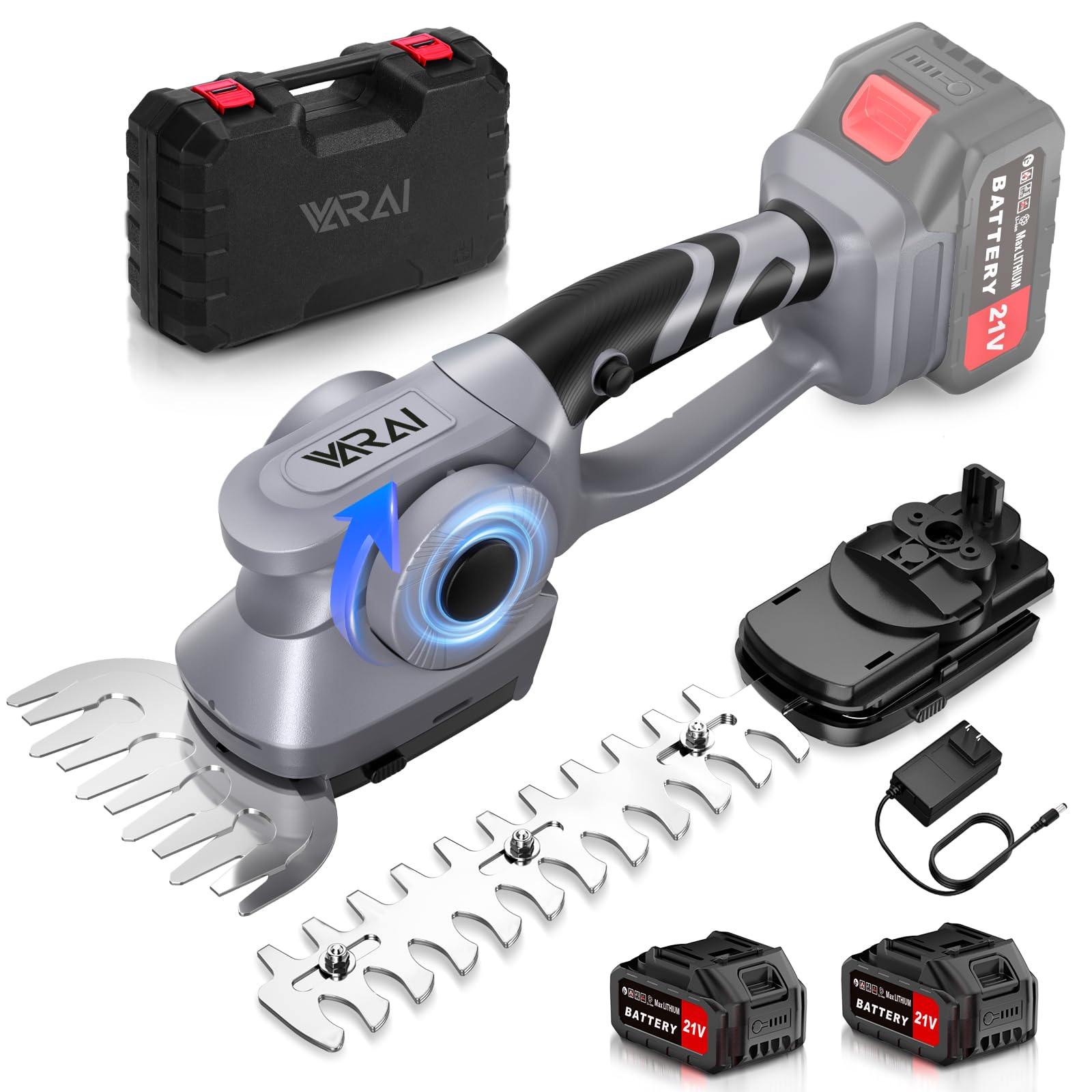 VARAI Hedge Trimmer Cordless, 2 in 1 Cordless Hedge Trimmer with 1300mAh Battery*2, High Power and Large Capacity Hedge Shears for Gardens, Patios and Lawns Charger Included