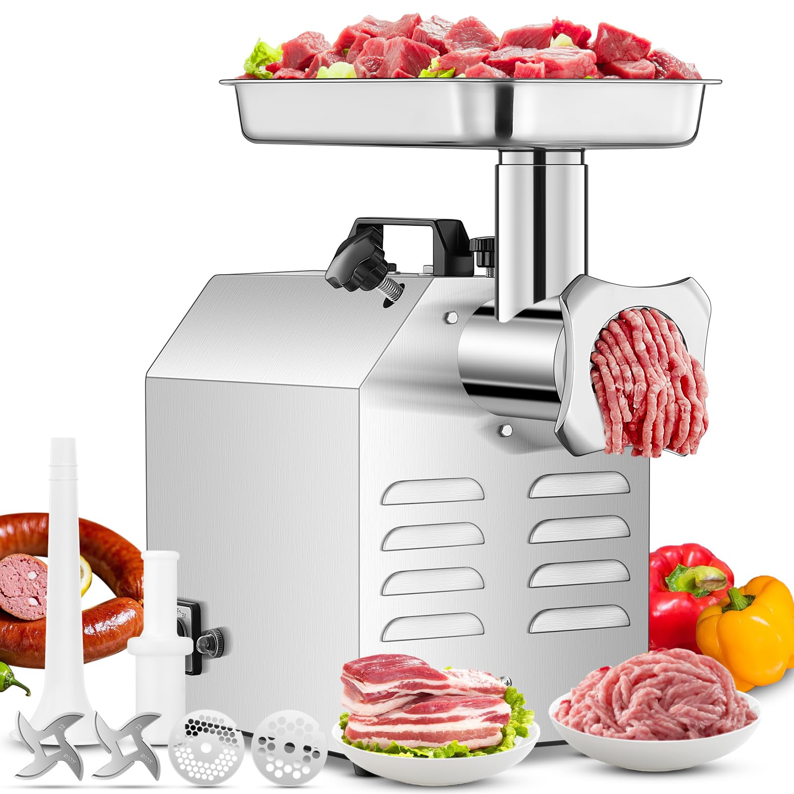 Commercial Meat Grinder, Stainless Steel Meat Grinder Machine, 14 lbs Per Minute, 3800W MAX, Industrial Meat Mincer with 2 Blade, 2 Grinding Plates, Sausage Kit, for Kitchen Restaurant Butcher Store